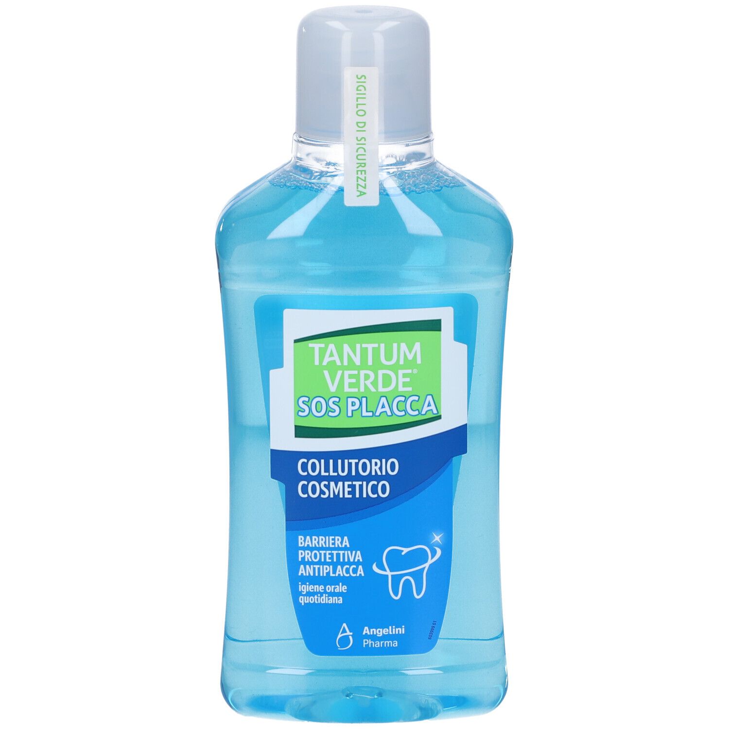 Flasche Tantum Verde SOS Placca Mundwasser, blau, mit Etikett.