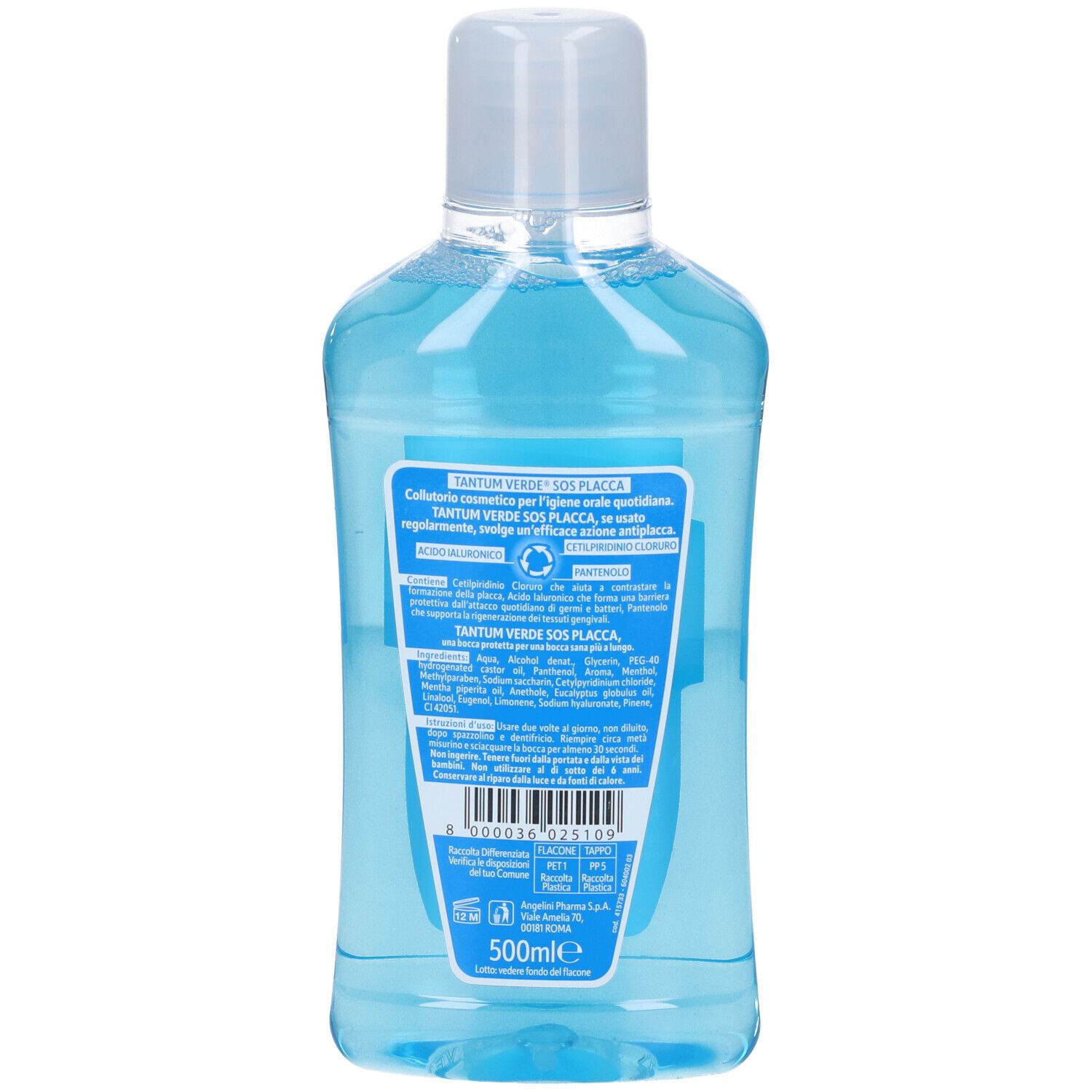 Rückseite der Flasche Tantum Verde SOS Placca Mundwasser, blau, mit Etikett und Barcode.