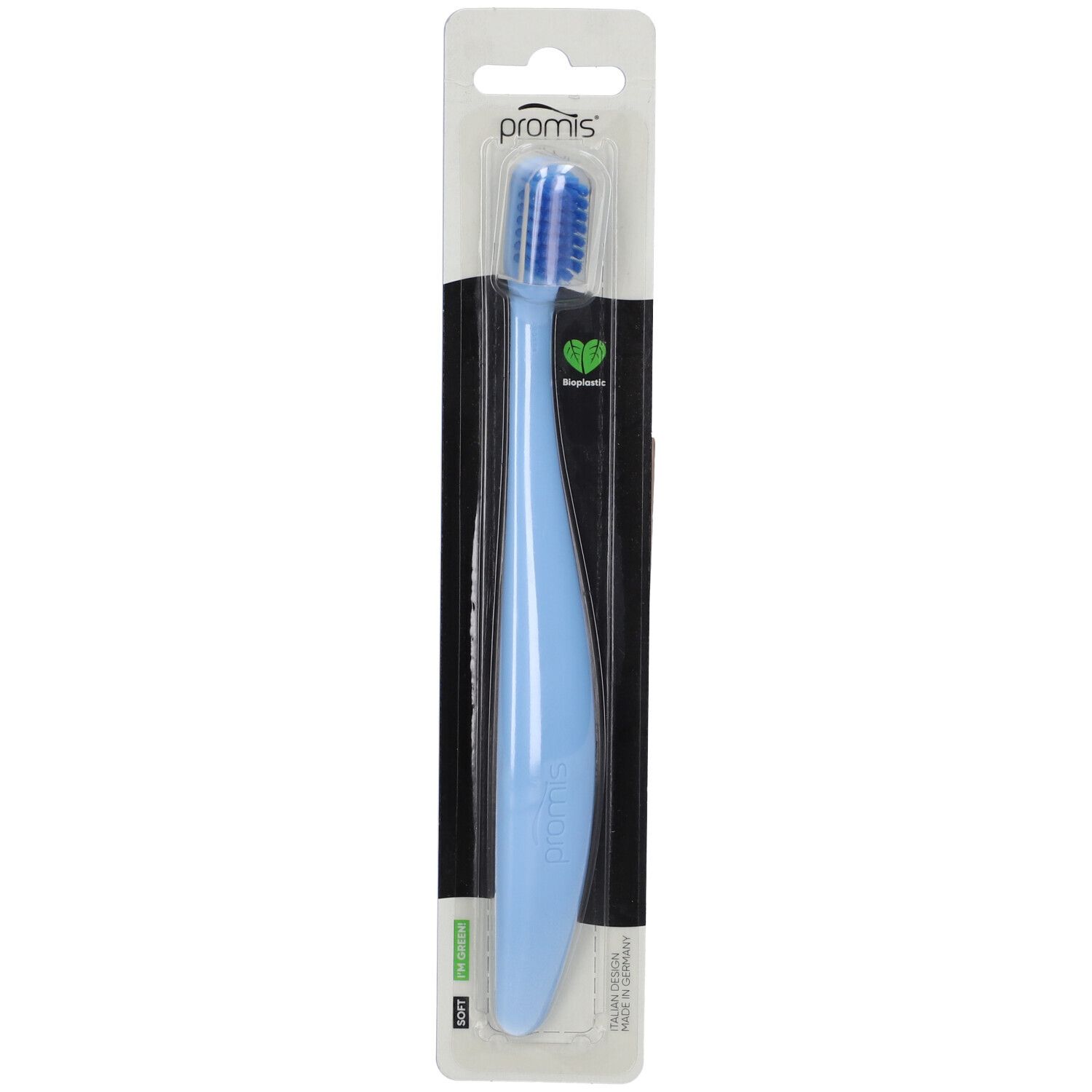 Spazzolino blu con manico blu in confezione blister. Marchio Promis visibile.