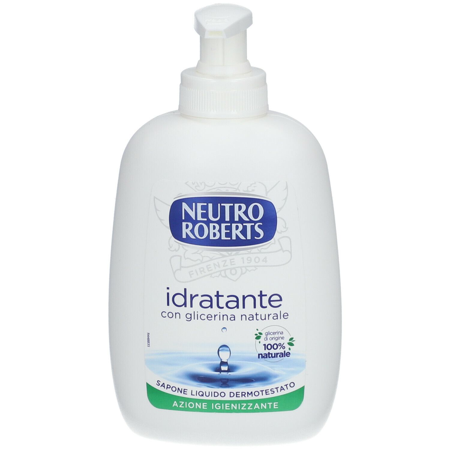 Weiße Flasche mit Spender. Aufschrift: NEUTRO ROBERTS, idratante con glicerina naturale. Grün: Sapone liquido dermotestato, azione igienizzante.