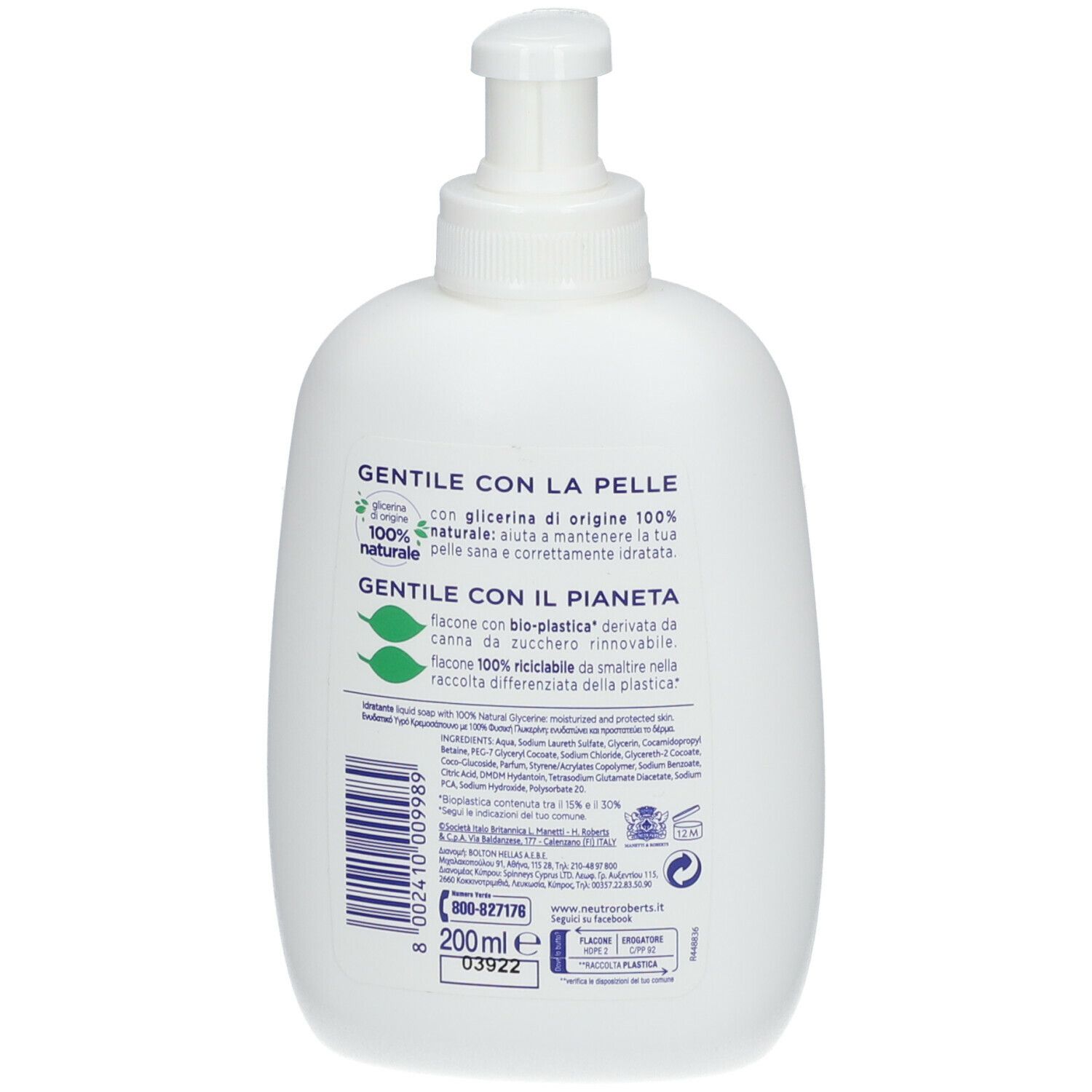 Rückseite einer weißen Flasche mit Spender. Text: gentile con la pelle, gentile con il pianeta. Inhaltsstoffe und Informationen.