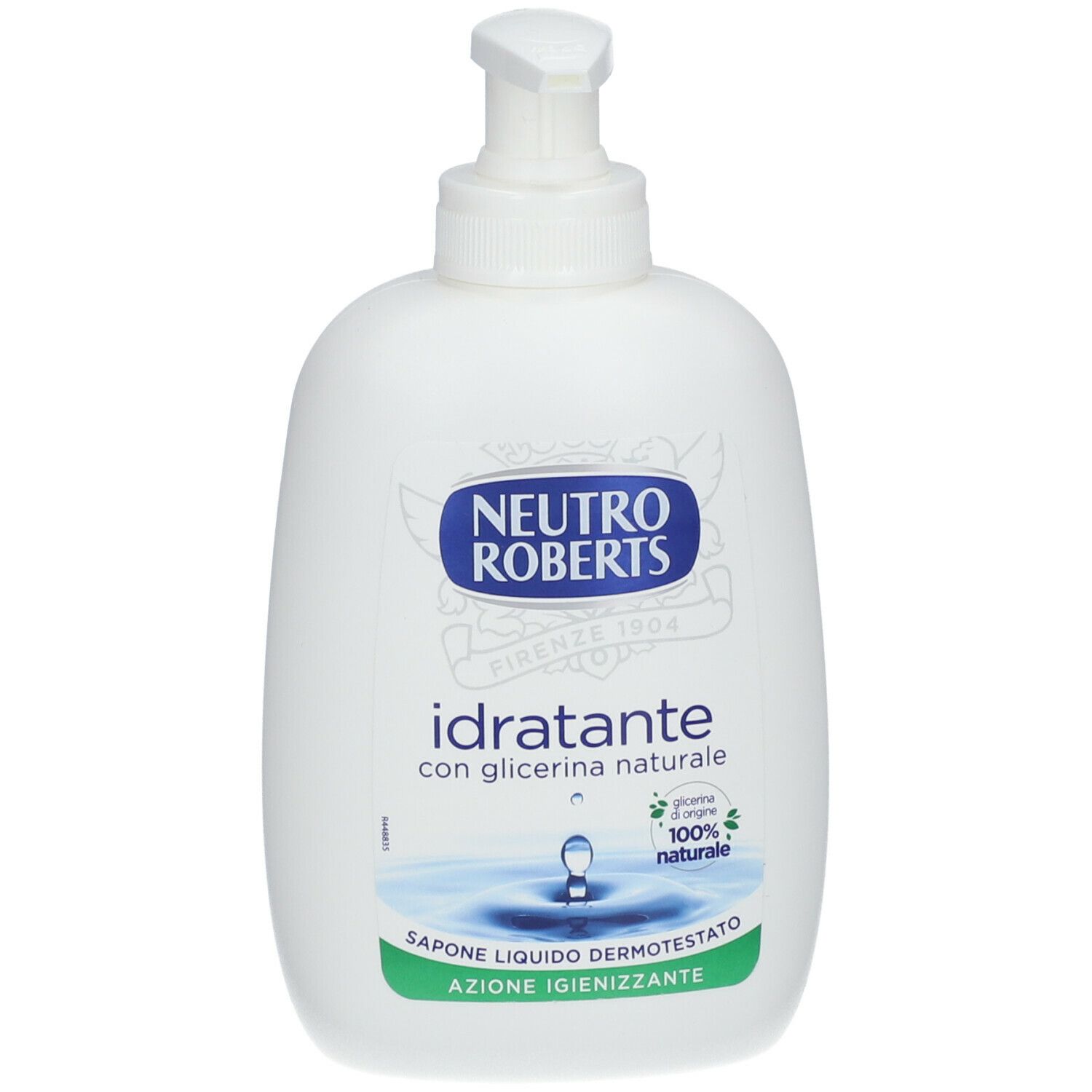 Weiße Flasche mit Spender. Aufschrift: NEUTRO ROBERTS, idratante con glicerina naturale. Grün: Sapone liquido dermotestato, azione igienizzante.