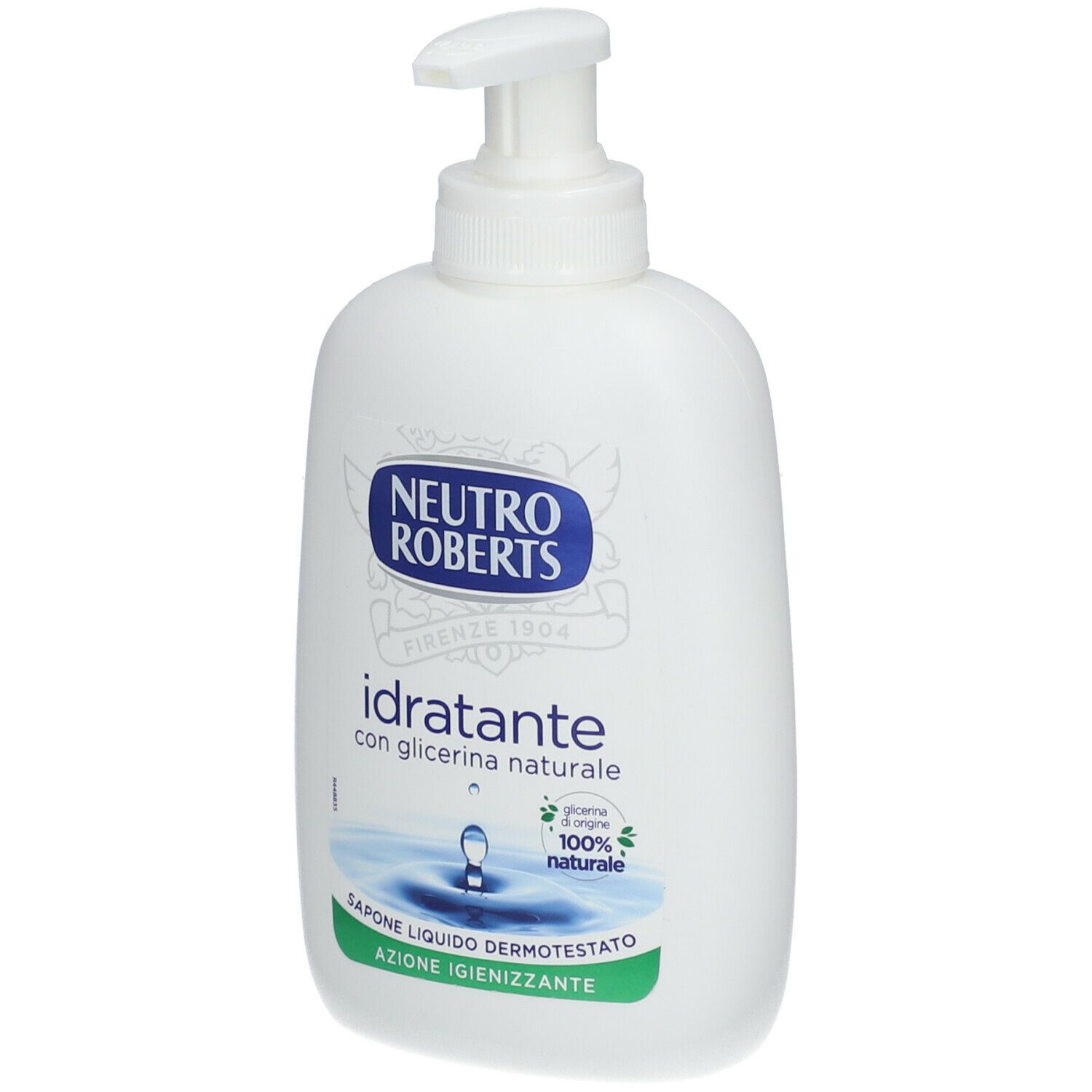 Weiße Flasche mit Spender. Aufschrift: NEUTRO ROBERTS, idratante con glicerina naturale. Grün: Sapone liquido dermotestato, azione igienizzante.