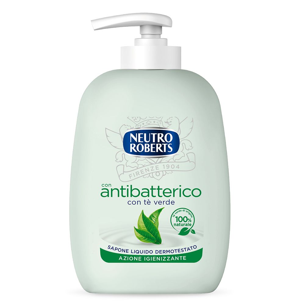Flacone dispenser di sapone verde con erogatore bianco. Scritta: NEUTRO ROBERTS, Antibatterico, con tè verde. 100% naturale.