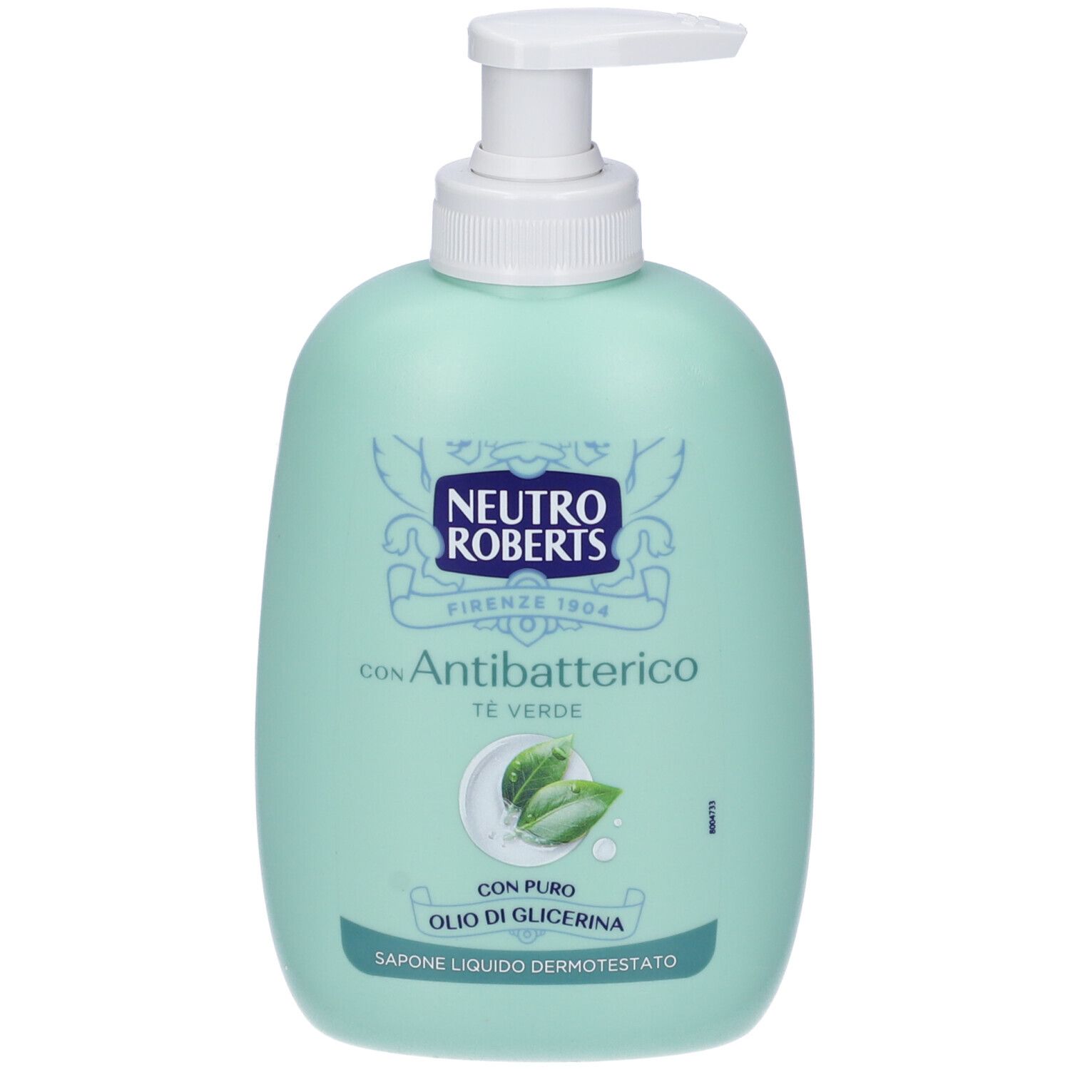 Flacone dispenser di sapone verde con erogatore bianco. Scritta: NEUTRO ROBERTS, Antibatterico, al tè verde. Con glicerina pura.