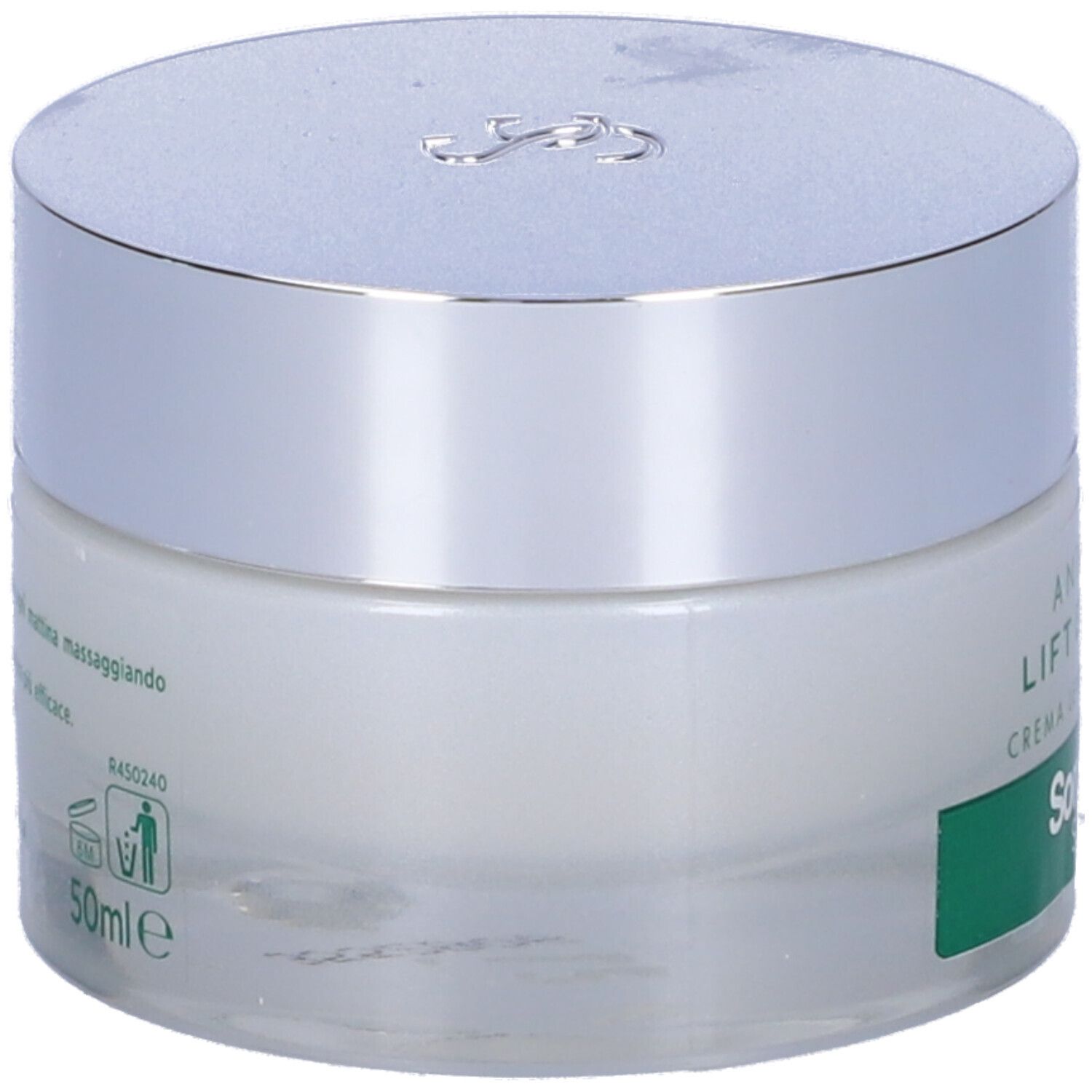 Vasetto di crema con coperchio argentato. Etichetta: Antirughe, Lift Effect 4D, Crema Levigante Giorno, Somatoline SkinExpert, 50ml.