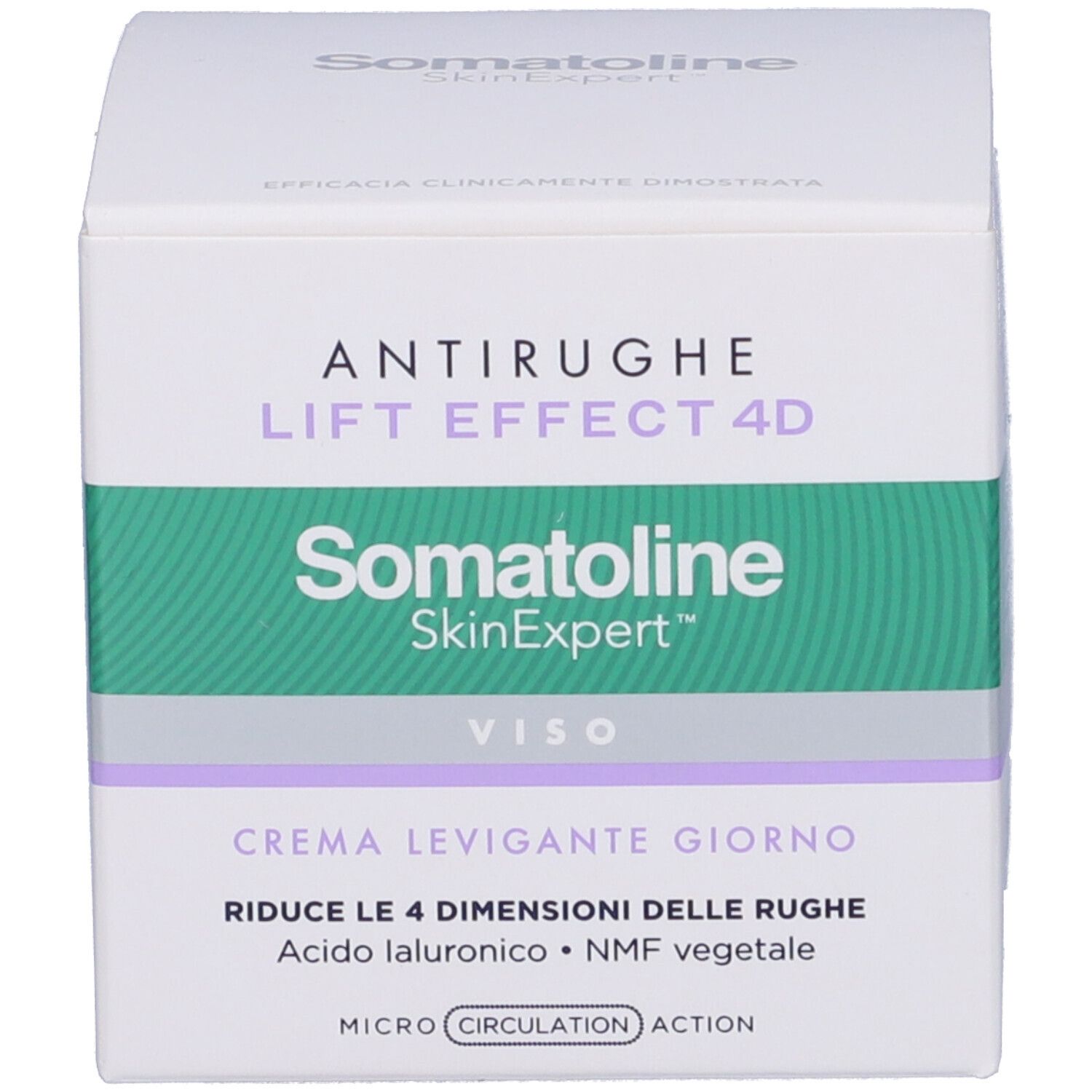 Confezione del prodotto. Sulla confezione: Antirughe, Lift Effect 4D, Somatoline SkinExpert, Crema Levigante Giorno.