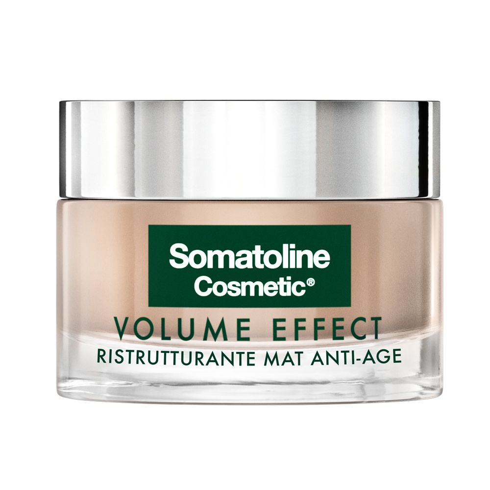 Vasetto di crema con coperchio argentato. Etichetta: Somatoline Cosmetic, Volume Effect, Ristrutturante Mat Anti-Age.