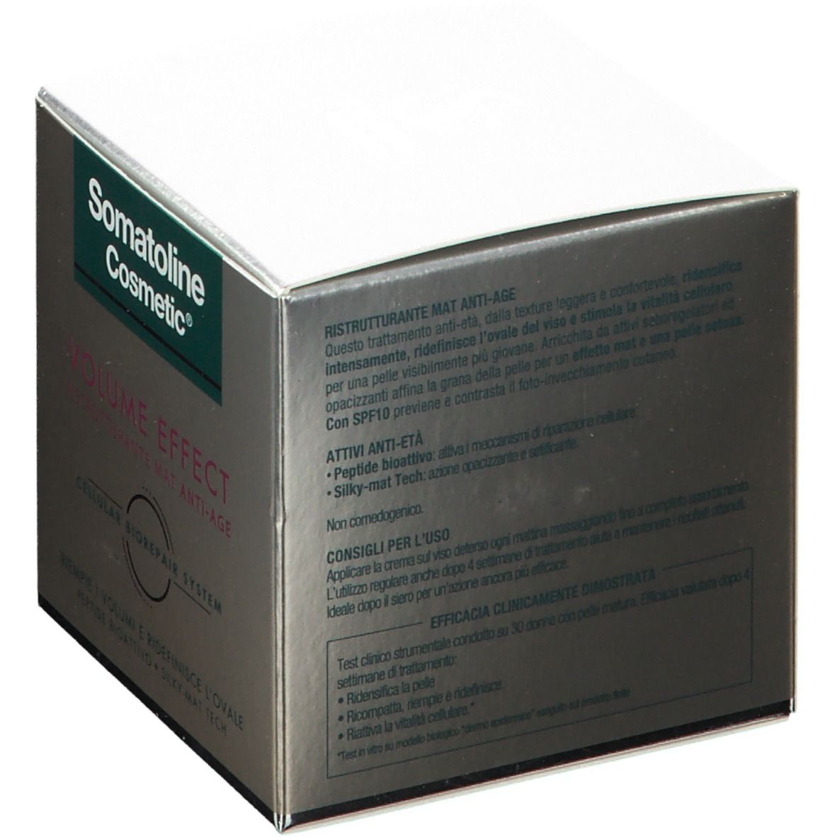 Scatola con testo: Somatoline Cosmetic, Volume Effect, Ristrutturante Mat Anti-Age. CELLULAR BIOREPAIR SYSTEM. Testo.