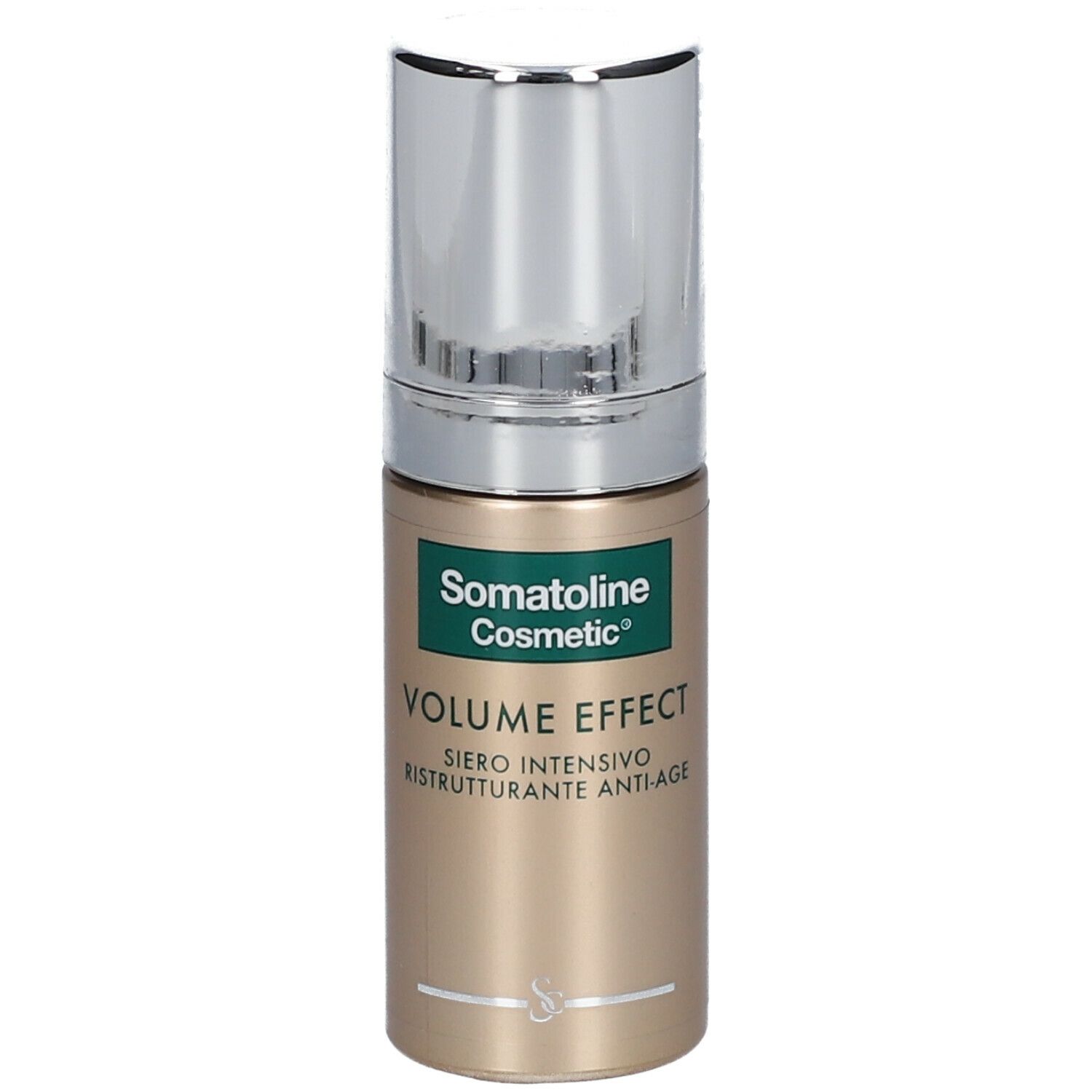 Flacone di siero con tappo argentato. Scritta: Somatoline Cosmetic, Volume Effect, Siero intensivo ristrutturante anti-age.