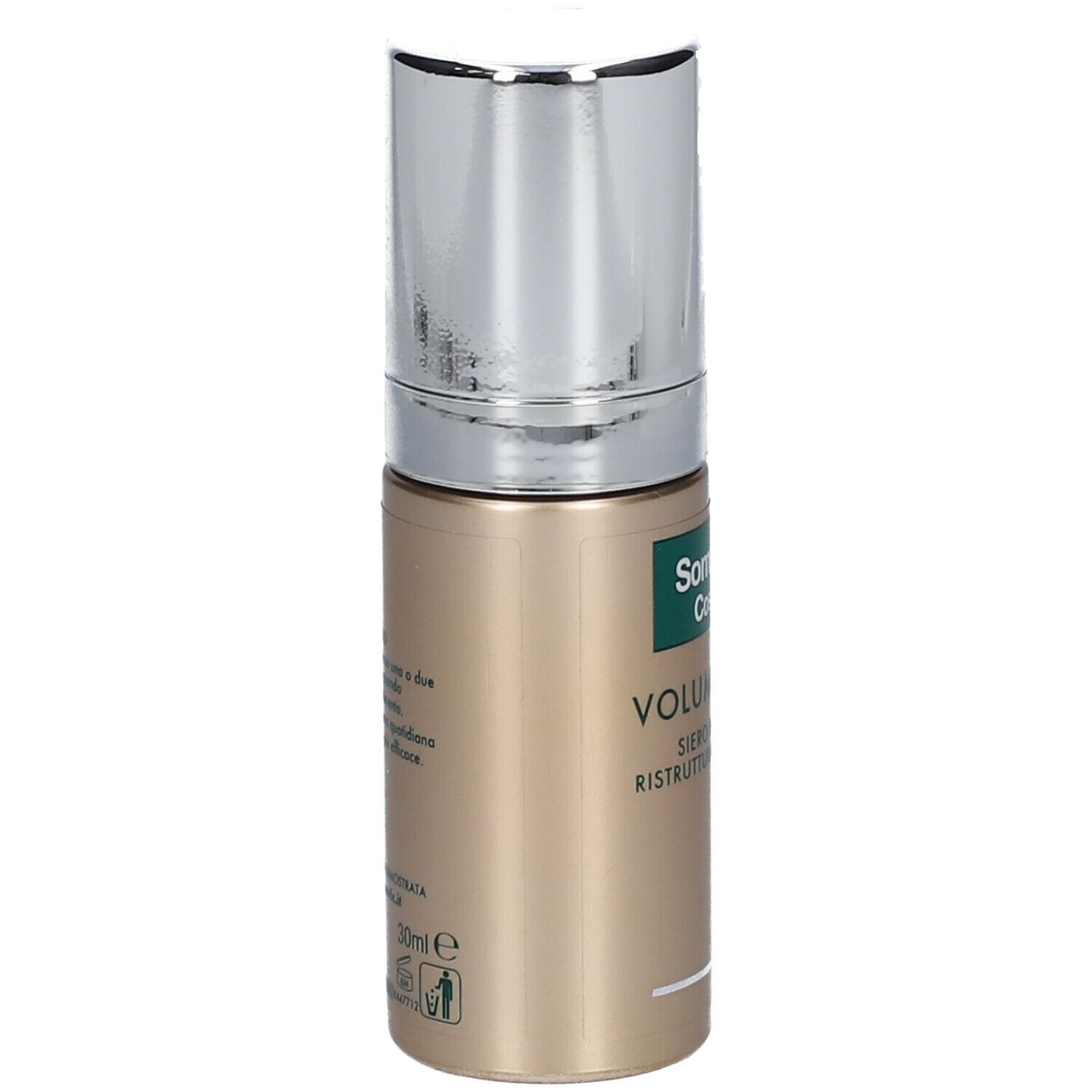 Flacone di siero con tappo argentato. Scritta: Somatoline Cosmetic, Volume Effect, Siero intensivo ristrutturante anti-age. 30ml.