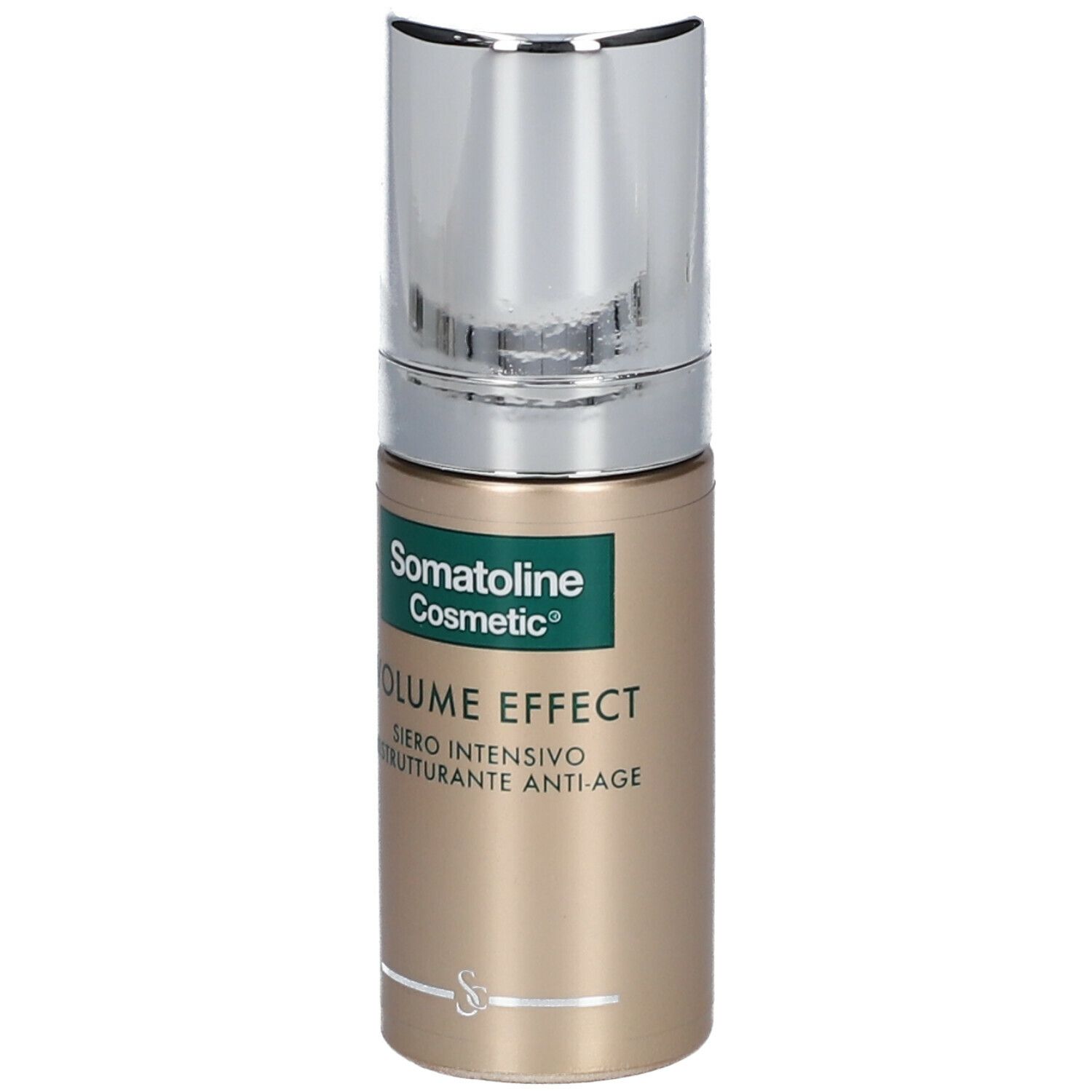 Flacone di siero con tappo argentato. Scritta: Somatoline Cosmetic, Volume Effect, Siero intensivo ristrutturante anti-age.