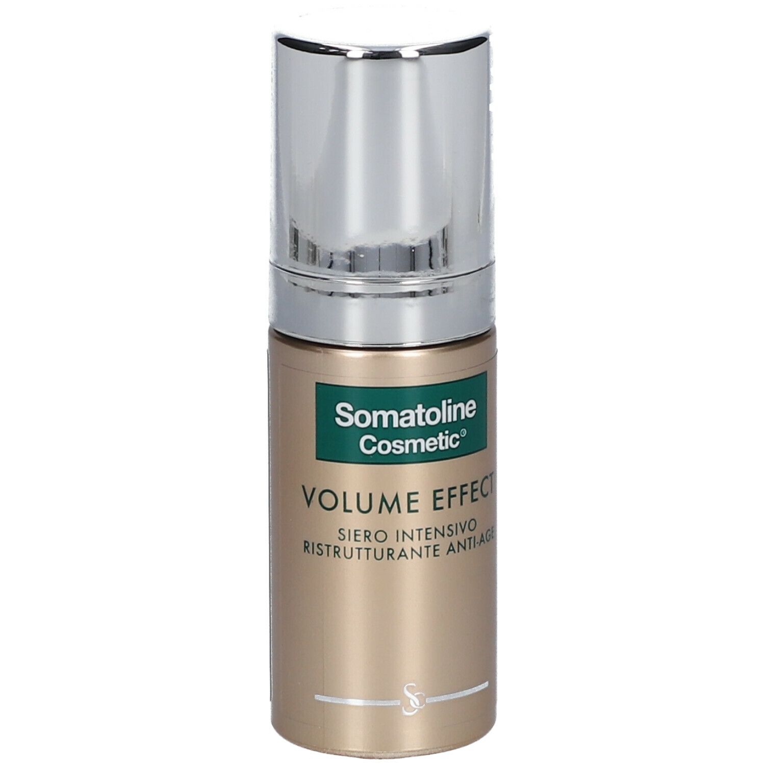 Flacone di siero con tappo argentato. Scritta: Somatoline Cosmetic, Volume Effect, Siero intensivo ristrutturante anti-age.