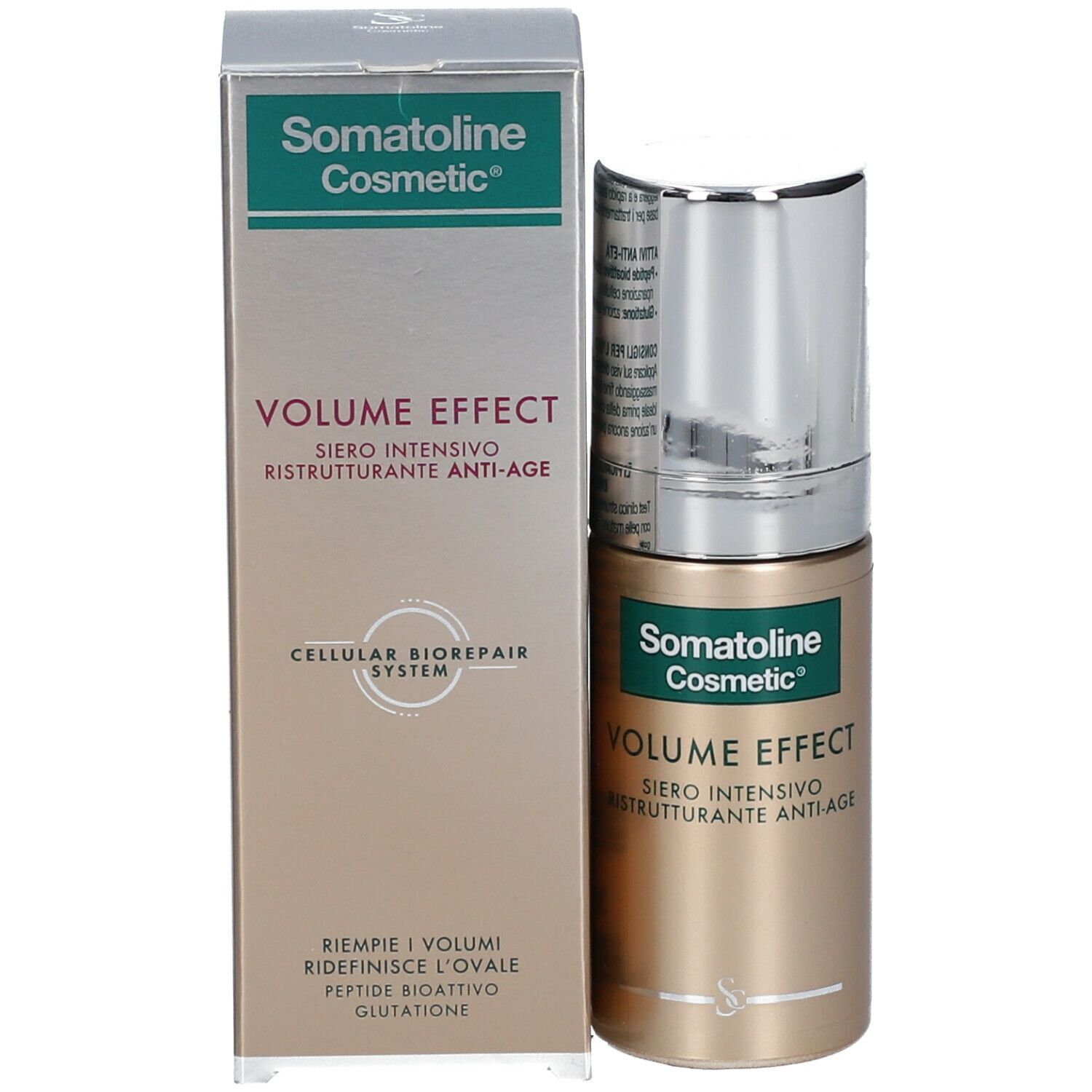 Flacone di siero e confezione. Scritta: Somatoline Cosmetic, Volume Effect, Siero intensivo ristrutturante anti-age. Cellular Biorepair System.