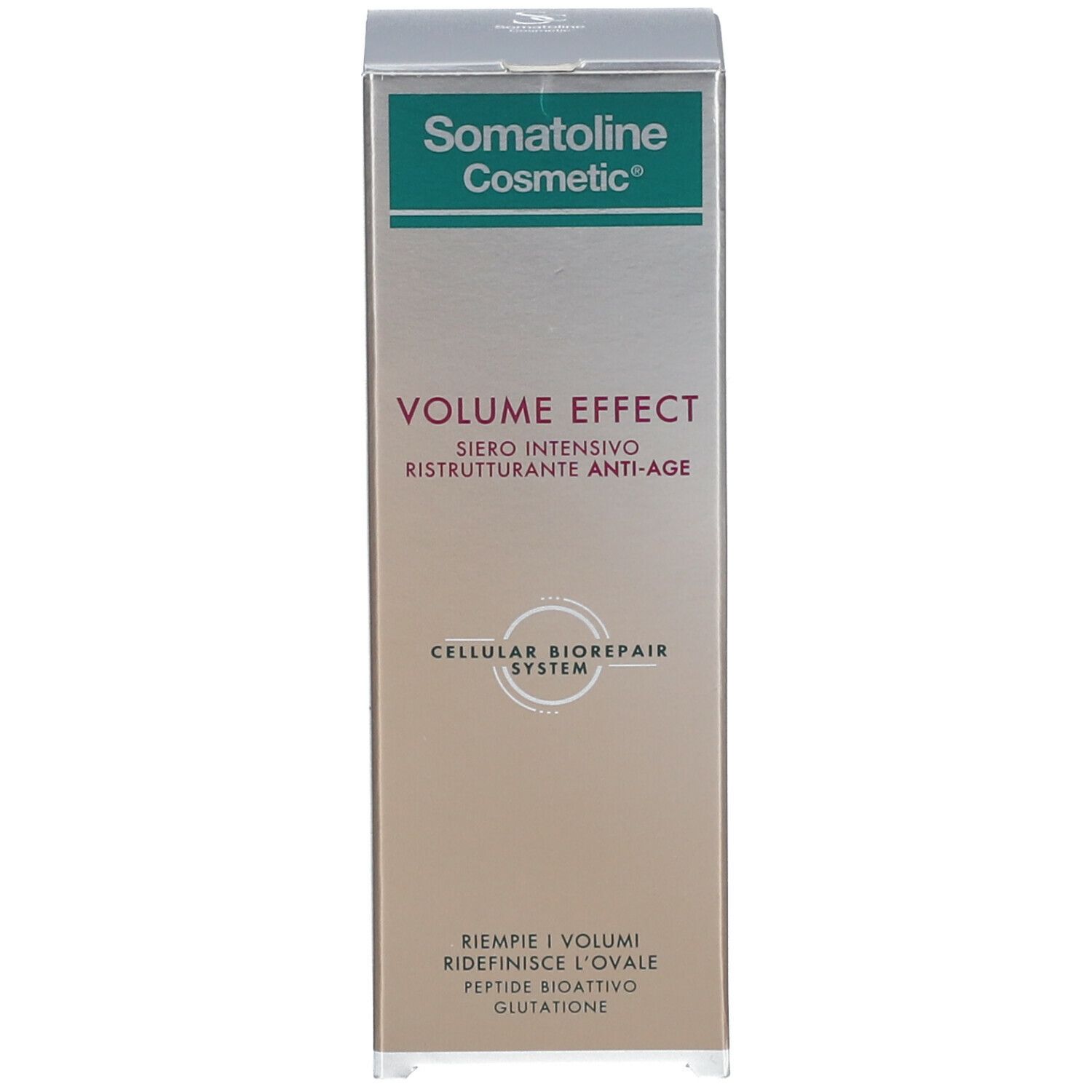 Confezione. Scritta: Somatoline Cosmetic, Volume Effect, Siero intensivo ristrutturante anti-age. Cellular Biorepair System.