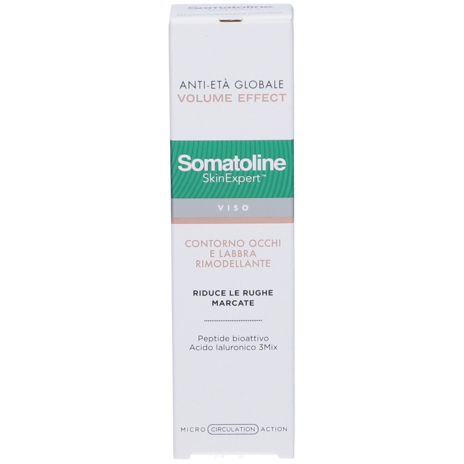 Produktverpackung. Aufschrift: Anti-Eta Globale Volume Effect, Somatoline SkinExpert, Contorno Occhi e Labbra, reduziert Falten.