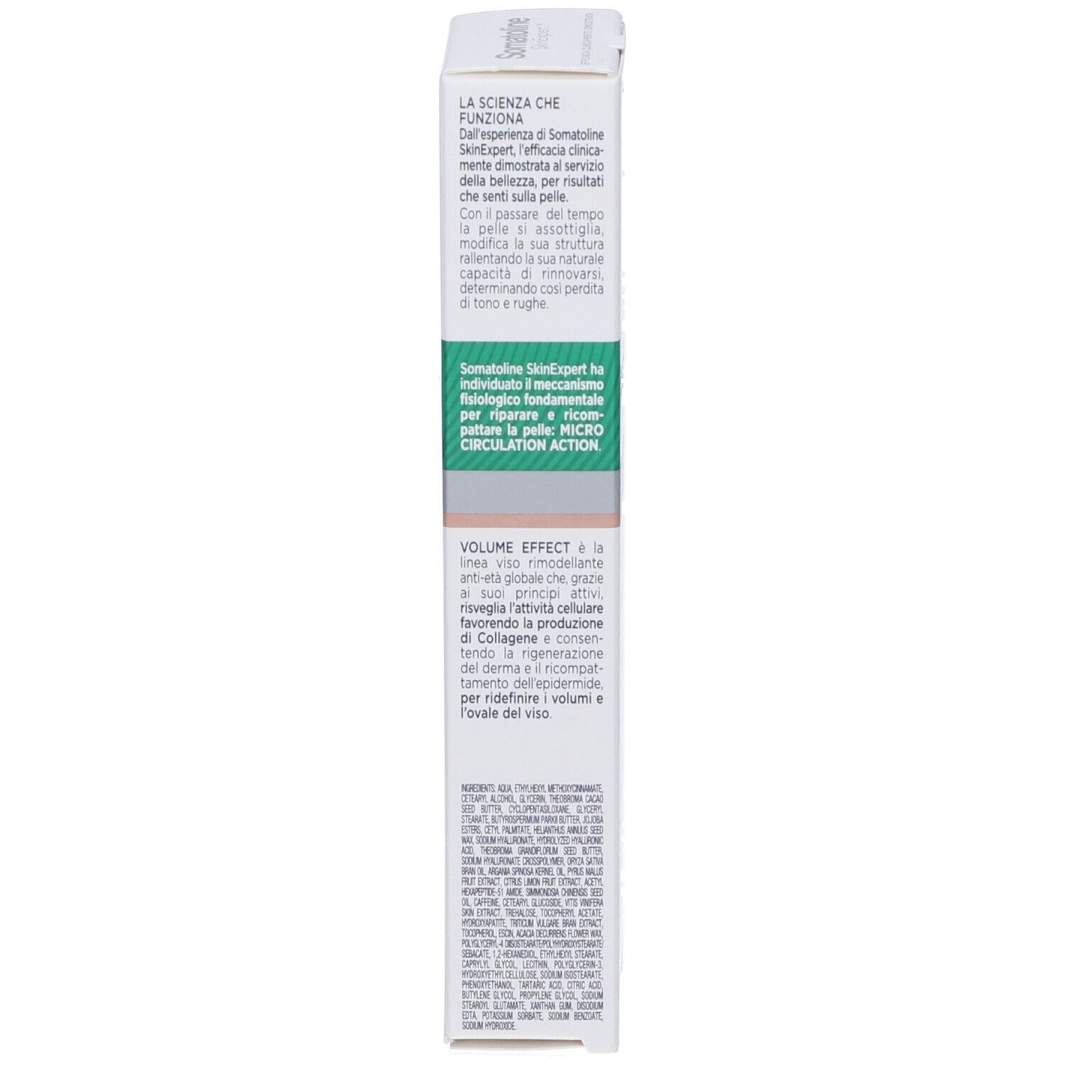 Produktverpackung. Text über die Wirkungsweise des Produkts. Aufschrift: Somatoline SkinExpert, Volume Effect.