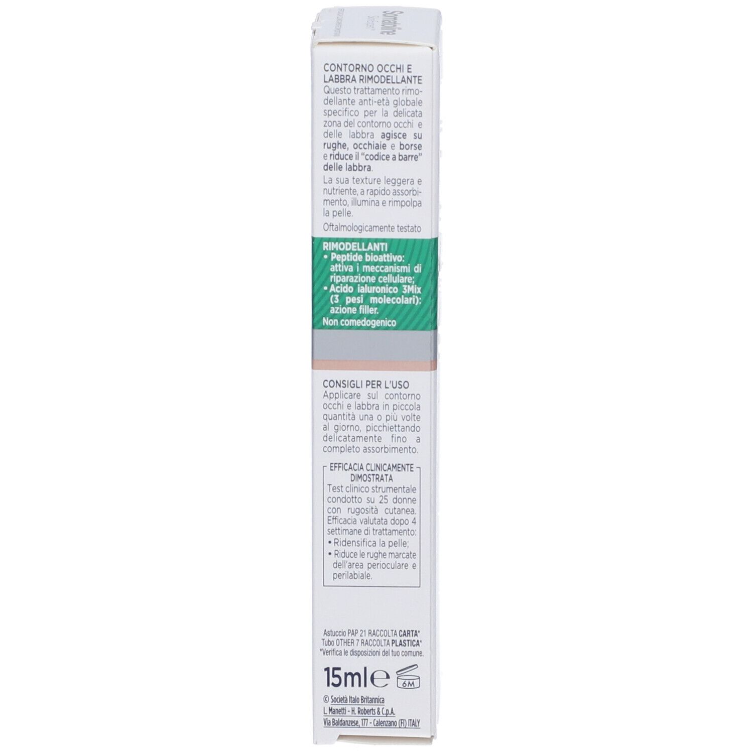 Produktverpackung. Aufschrift: Contorno Occhi e Labbra, reduziert Falten. Inhaltsstoffe. 15ml.