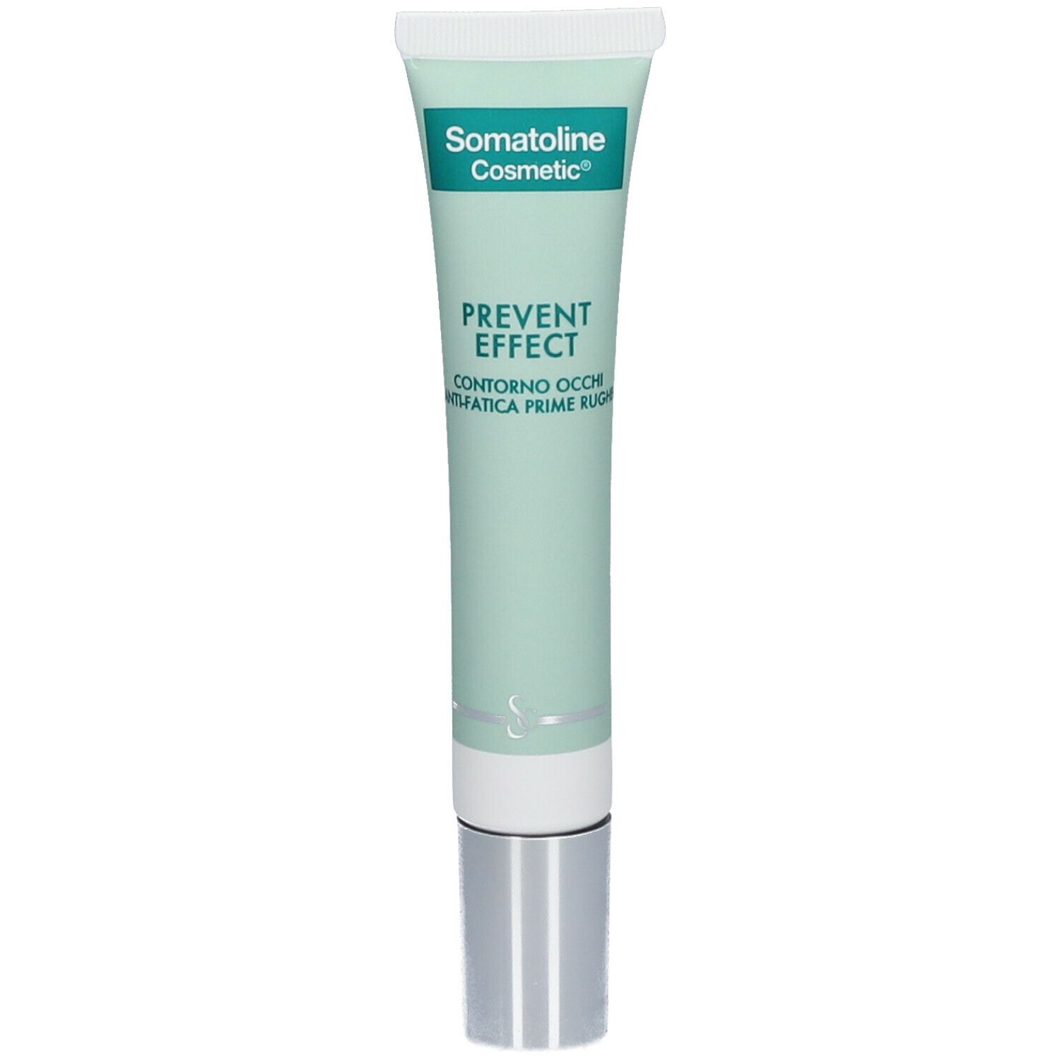 Grüne Tube mit weißem Verschluss. Aufschrift: Somatoline Cosmetic, Prevent Effect. Produkt für die Augenpartie.