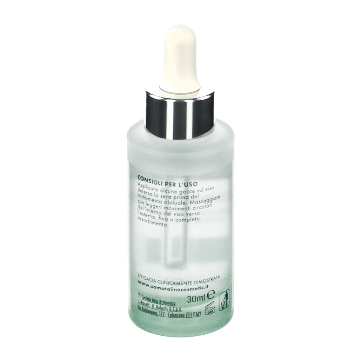 Flacone in vetro con pipetta. Scritta: Somatoline Cosmetic, Skincure Booster Peeling. Testo sul retro.
