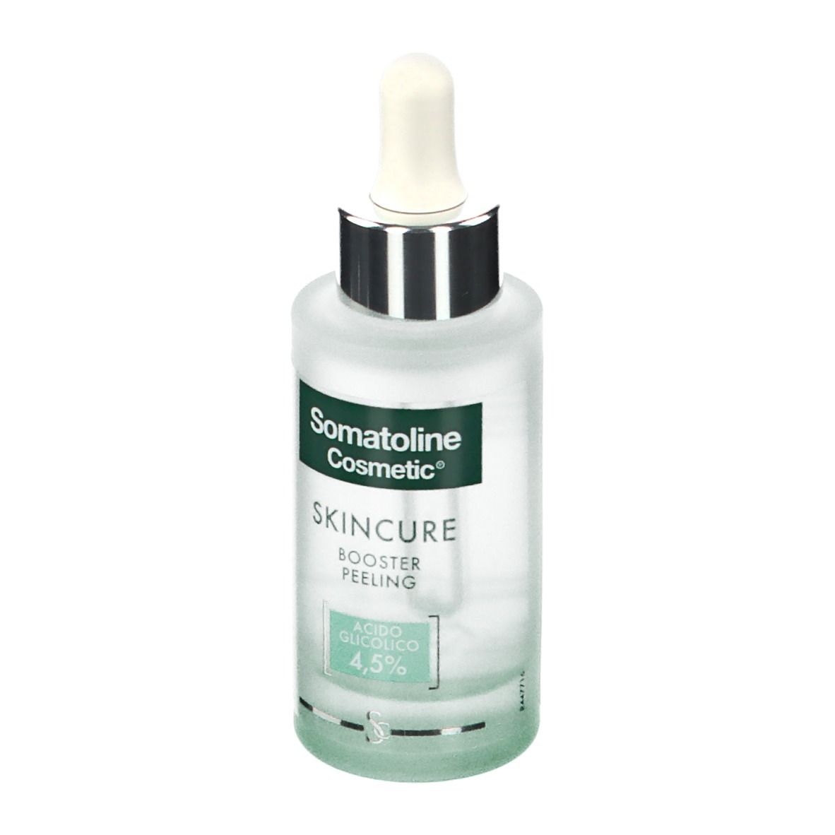 Flacone in vetro con pipetta. Scritta: Somatoline Cosmetic, Skincure Booster Peeling, Acido Glicolico 4,5%.
