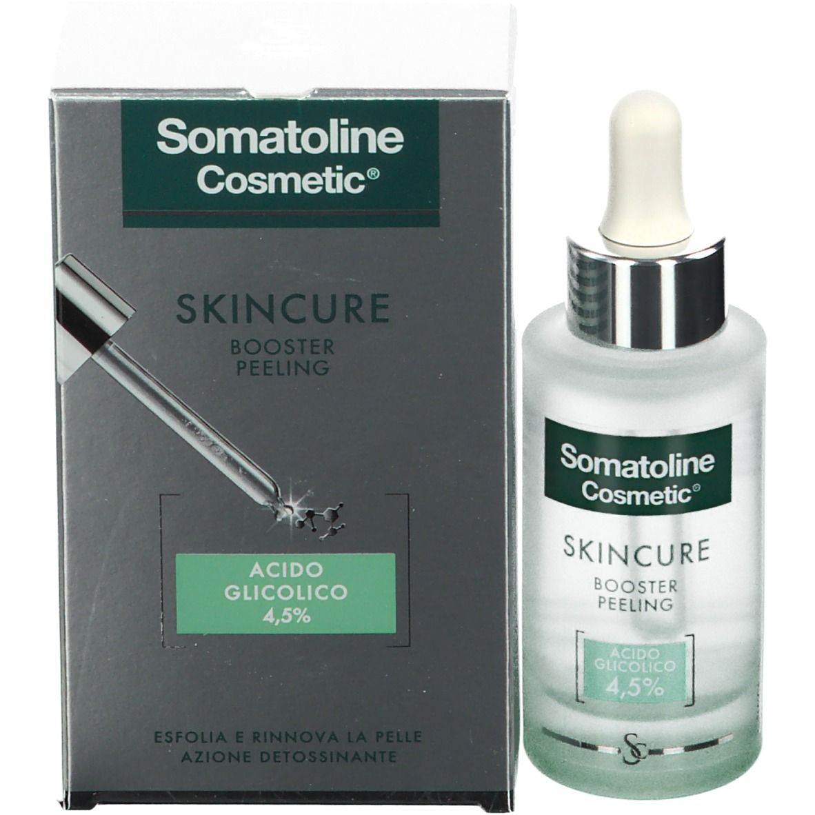 Confezione e flacone con pipetta. Scritta: Somatoline Cosmetic, Skincure Booster Peeling, Acido Glicolico 4,5%.