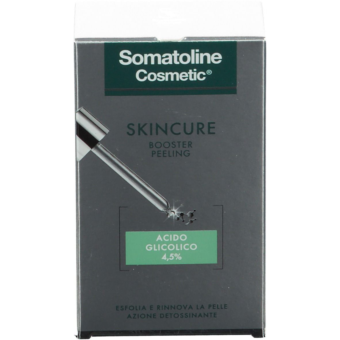 Confezione del prodotto. Scritta: Somatoline Cosmetic, Skincure Booster Peeling, Acido Glicolico 4,5%.