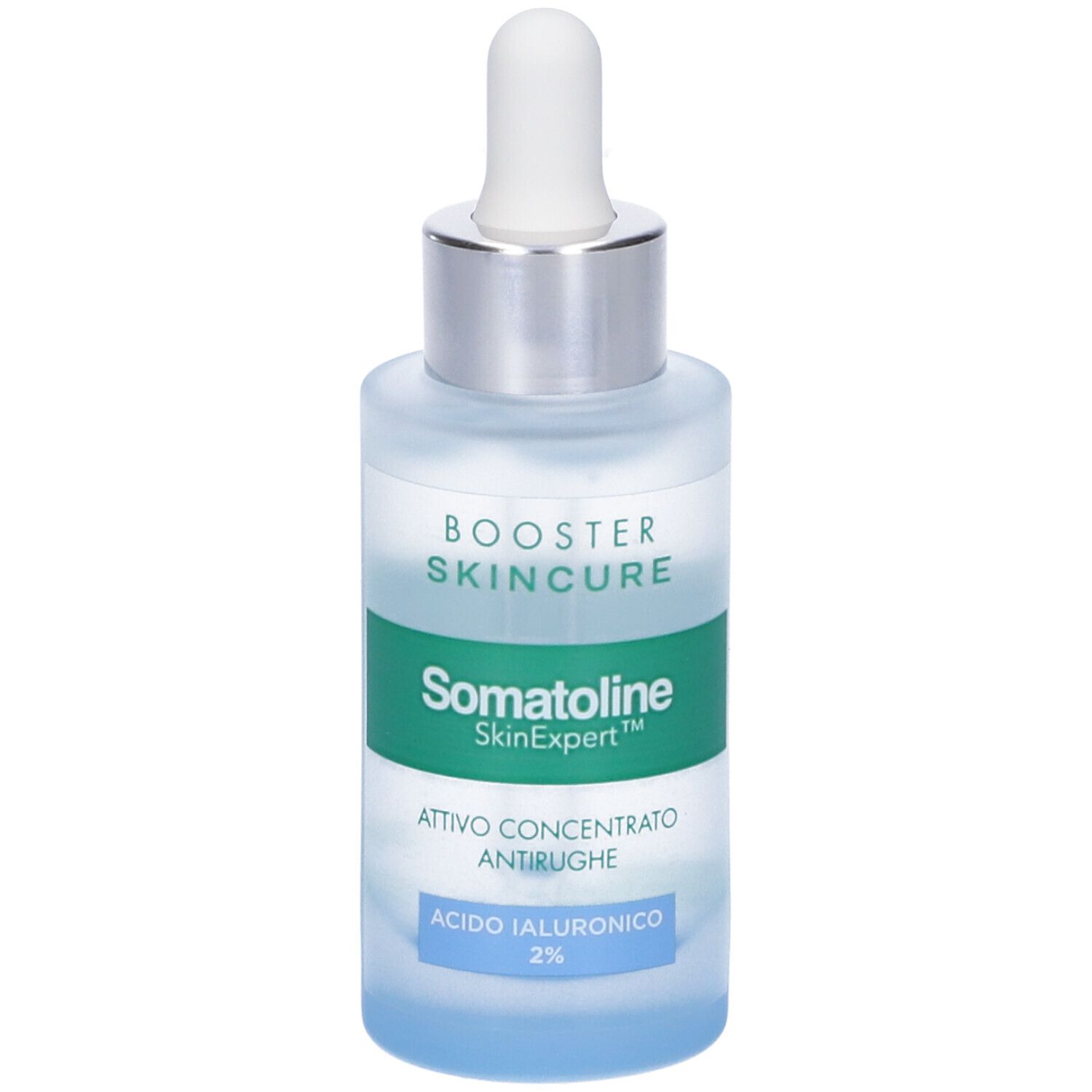 Flüssigkeit in einer Glasflasche mit Pipette. Aufschrift: BOOSTER SKINCURE, Somatoline SkinExpert, Attivo Concentrato Antirughe, Acido Ialuronico 2%.