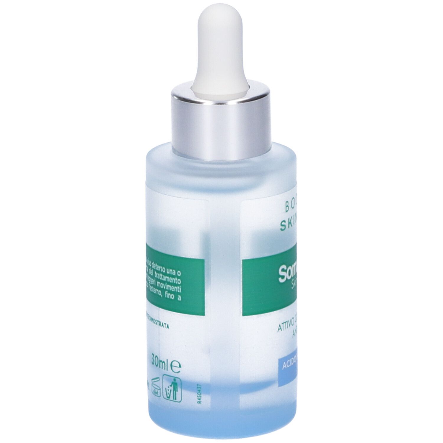 Glasflasche mit Pipette. Aufschrift: BOOSTER SKINCURE, Somatoline SkinExpert, Attivo Concentrato Antirughe, Acido Ialuronico 2%. Rückseite mit Text.