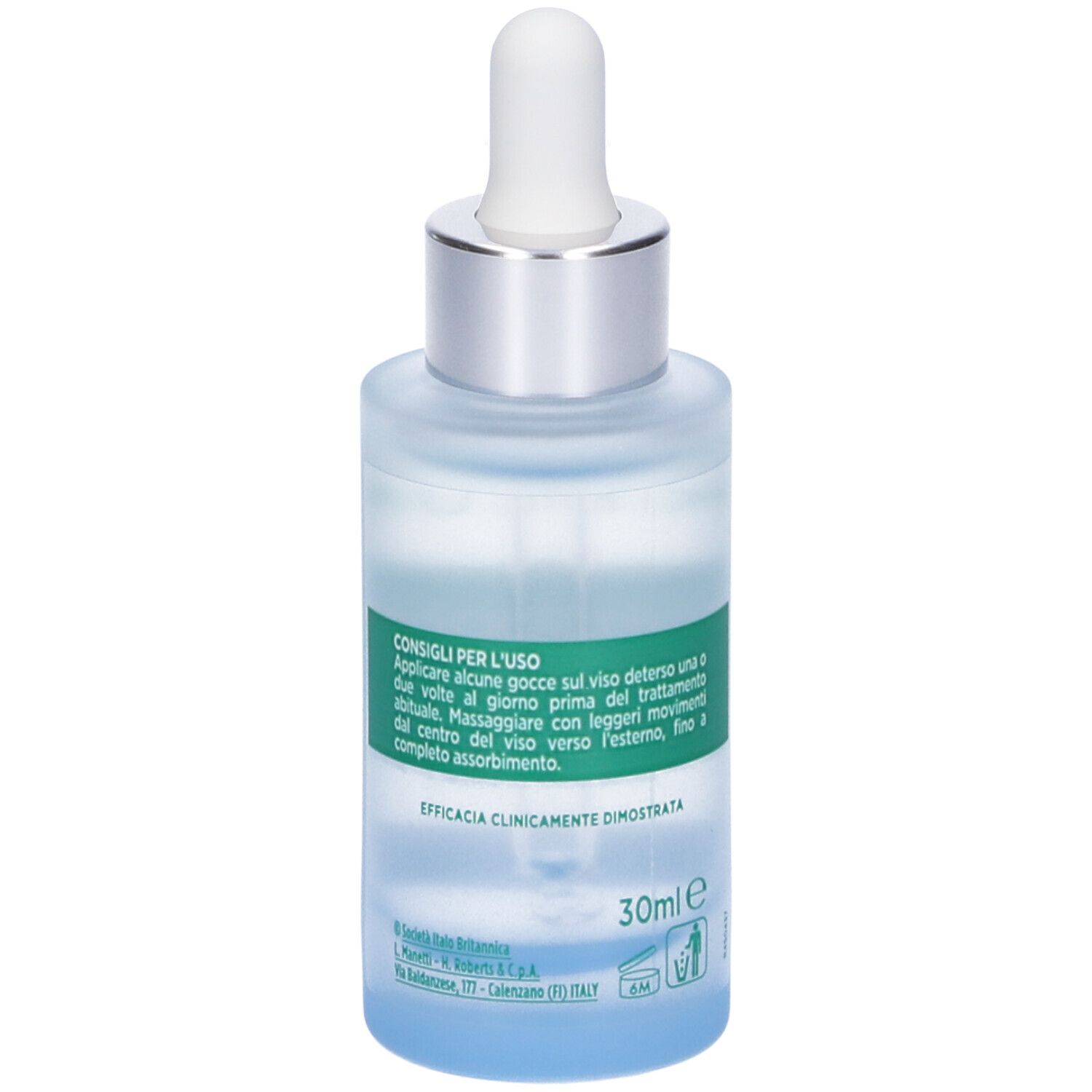 Glasflasche mit Pipette. Aufschrift: BOOSTER SKINCURE, Somatoline SkinExpert, Attivo Concentrato Antirughe, Acido Ialuronico 2%. Rückseite mit Anwendungshinweisen.