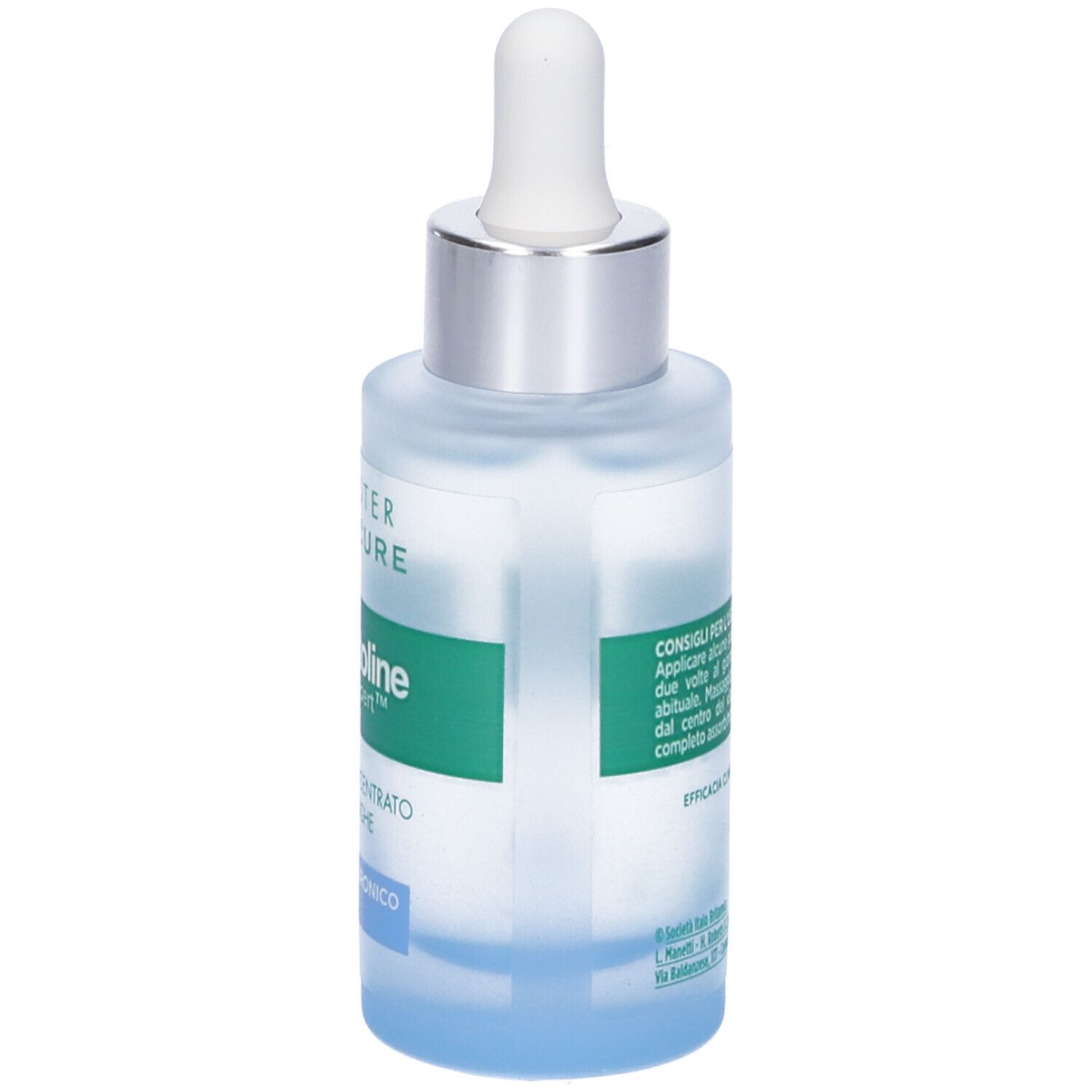 Glasflasche mit Pipette. Aufschrift: BOOSTER SKINCURE, Somatoline SkinExpert, Attivo Concentrato Antirughe, Acido Ialuronico 2%. Rückseite mit Text.