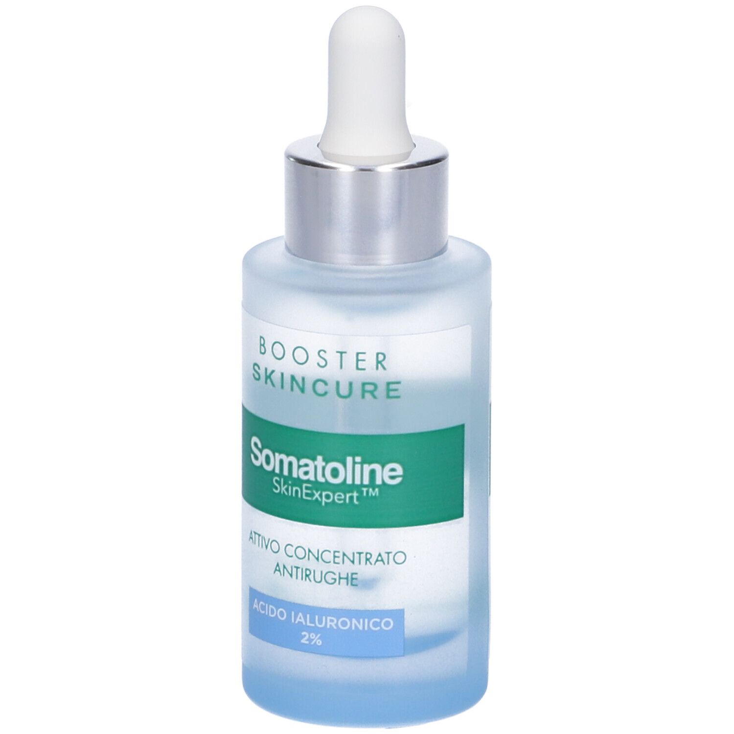 Glasflasche mit Pipette. Aufschrift: BOOSTER SKINCURE, Somatoline SkinExpert, Attivo Concentrato Antirughe, Acido Ialuronico 2%.