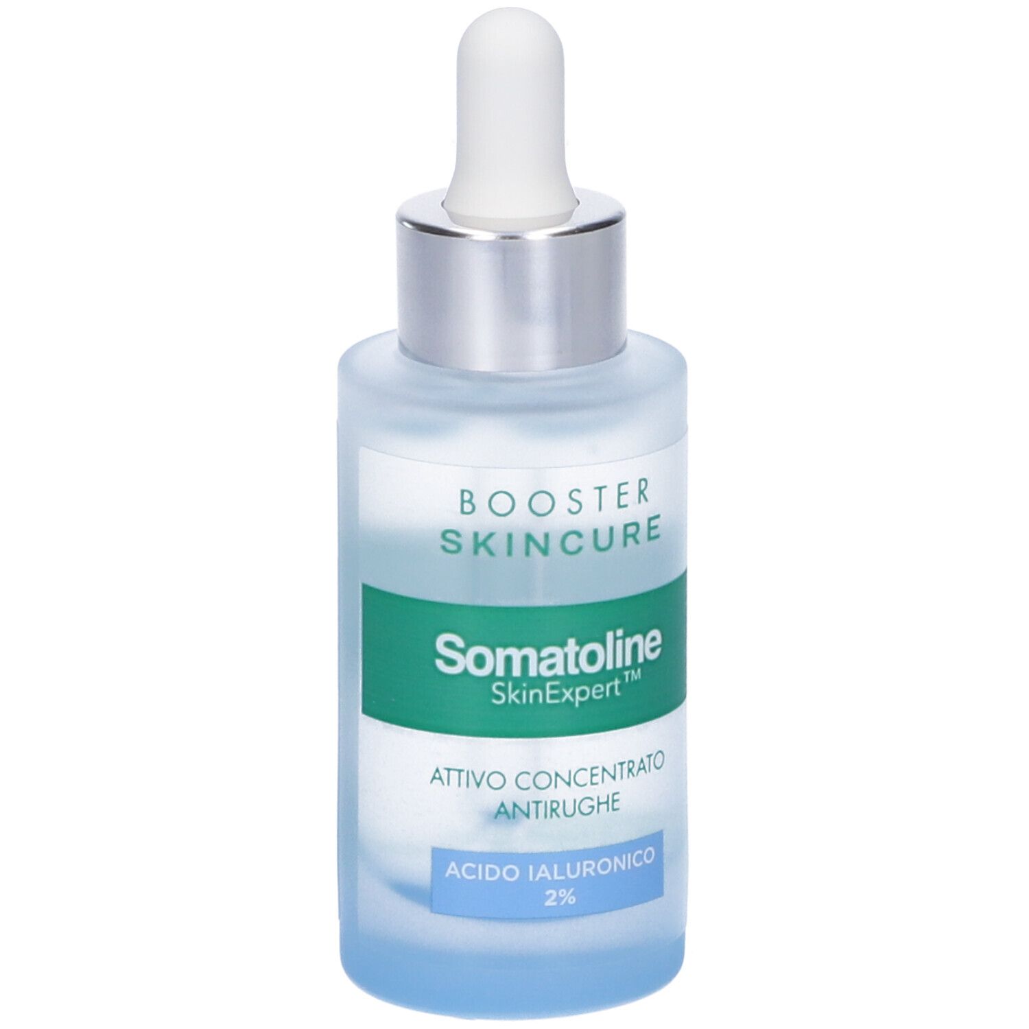 Glasflasche mit Pipette. Aufschrift: BOOSTER SKINCURE, Somatoline SkinExpert, Attivo Concentrato Antirughe, Acido Ialuronico 2%.