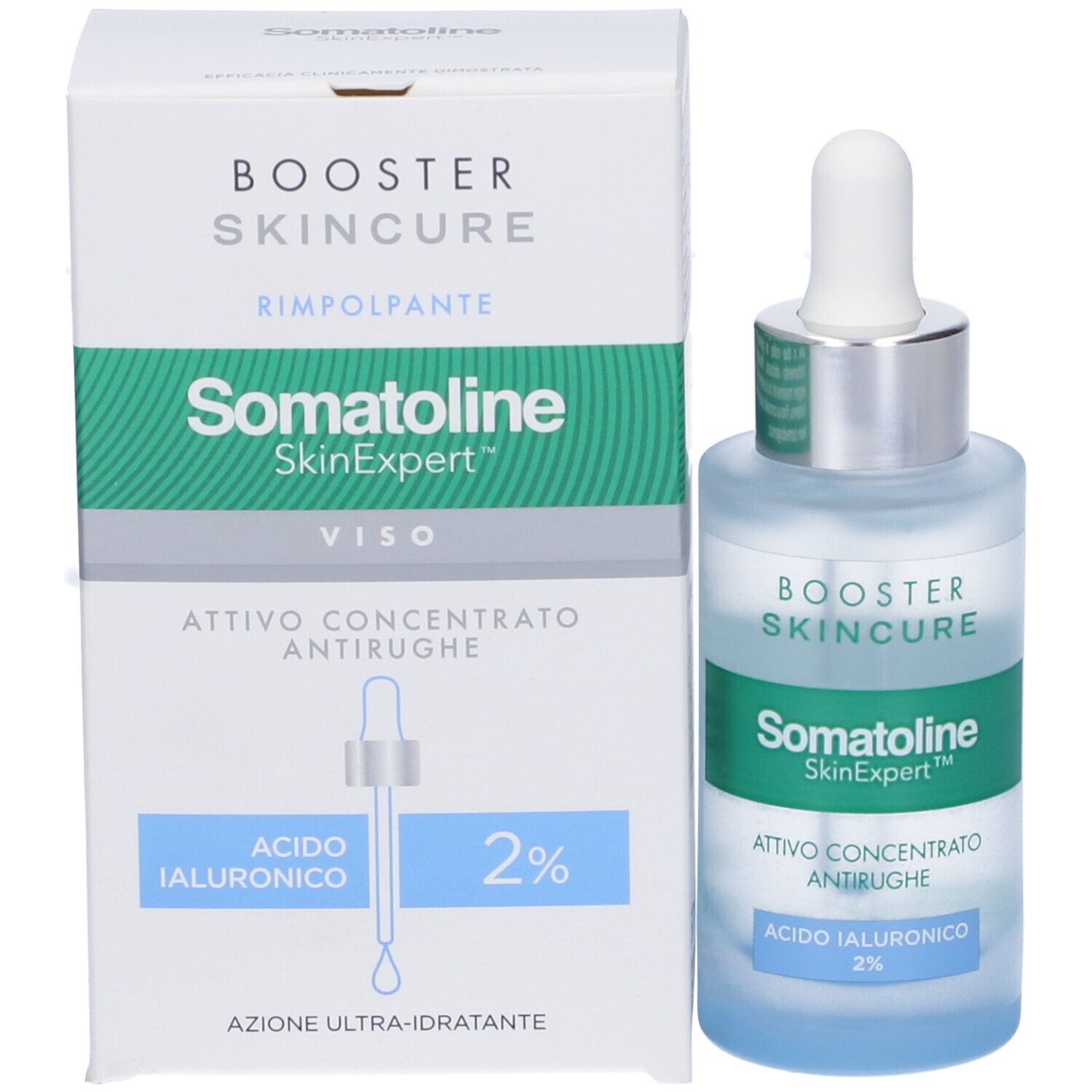 Produktflasche und Verpackung. Aufschrift: BOOSTER SKINCURE, Somatoline SkinExpert, Attivo Concentrato Antirughe, Acido Ialuronico 2%.