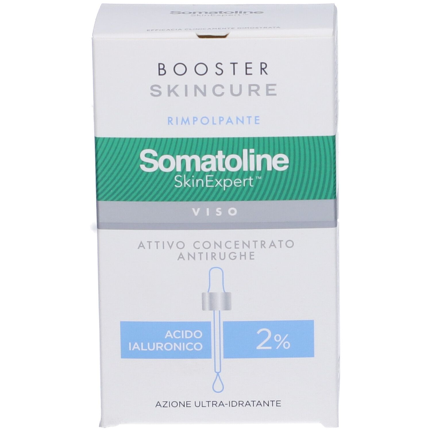 Produktverpackung. Aufschrift: BOOSTER SKINCURE, Somatoline SkinExpert, Attivo Concentrato Antirughe, Acido Ialuronico 2%.