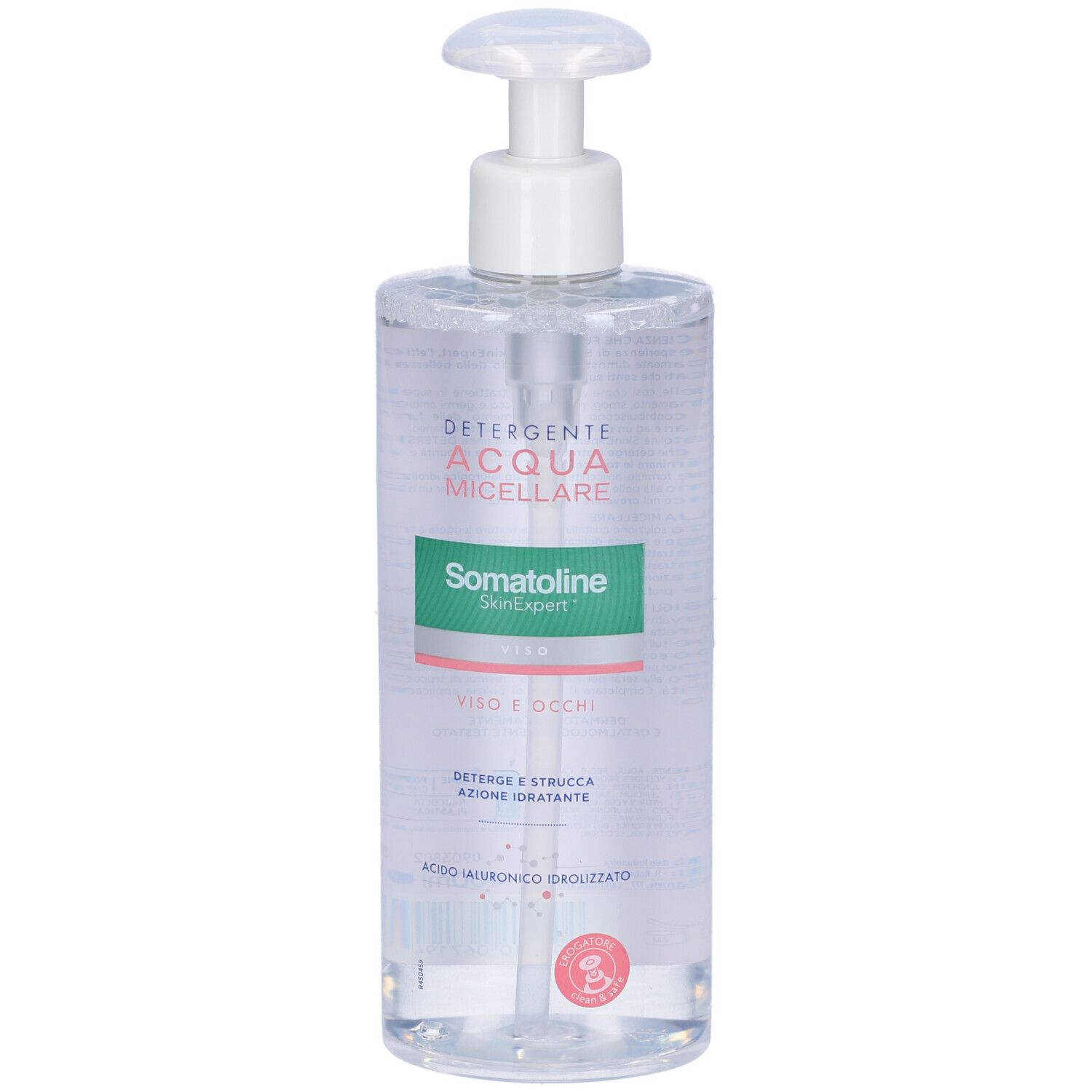 Klare Flasche mit Dosierpumpe. Aufschrift: DETERGENTE ACQUA MICELLARE, Somatoline SkinExpert, Viso e Occhi.