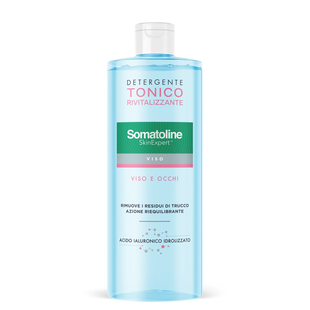 Flacone di tonico Somatoline Cosmetic. Liquido blu, tappo bianco. Etichetta con informazioni sul prodotto.
