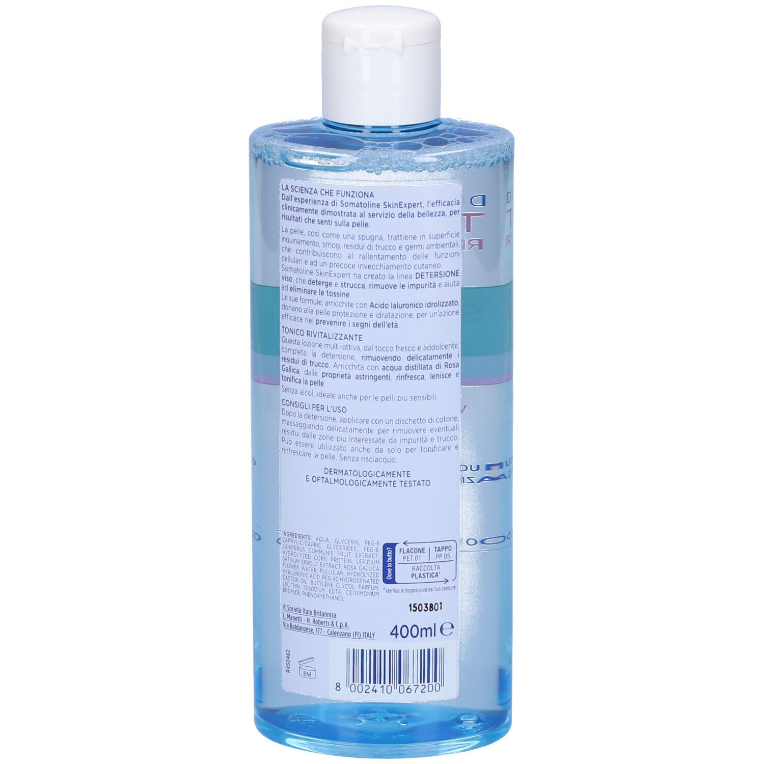 Retro del flacone di tonico Somatoline Cosmetic. Testo, ingredienti, 400ml. Tappo bianco, liquido blu.