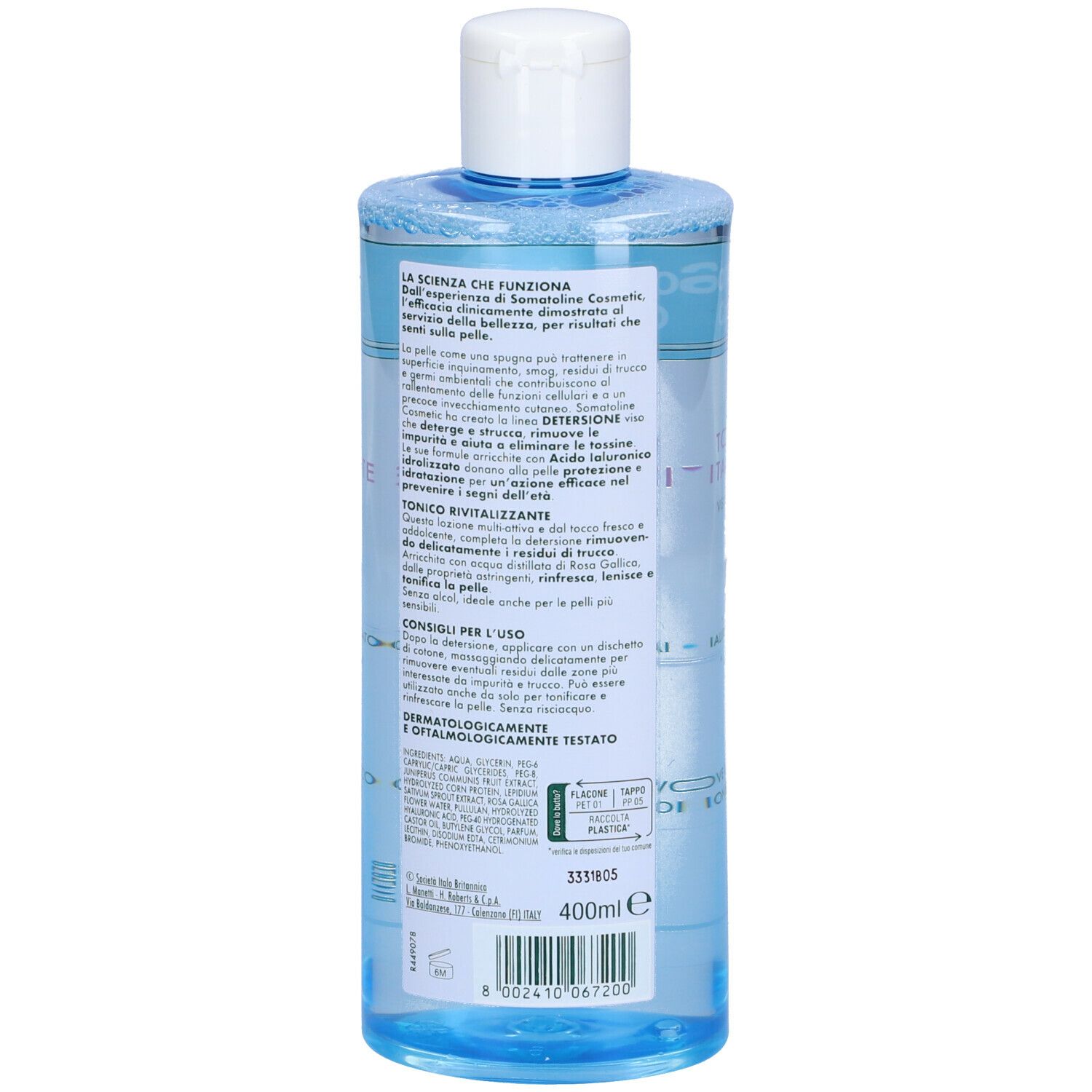 Retro del flacone di tonico Somatoline Cosmetic. Testo, ingredienti, 400ml. Tappo bianco, liquido blu.