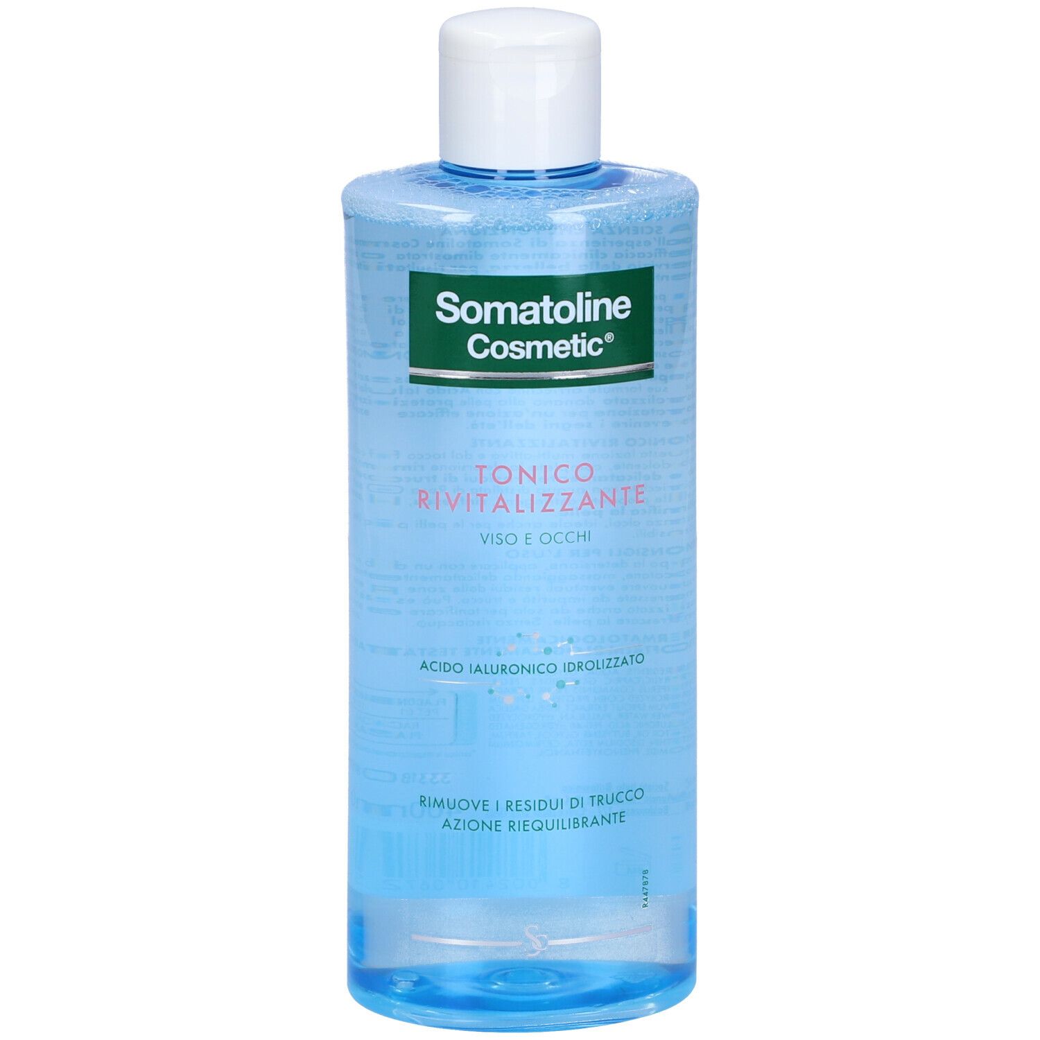 Flacone di tonico Somatoline Cosmetic. Liquido blu, tappo bianco. Etichetta con informazioni sul prodotto.
