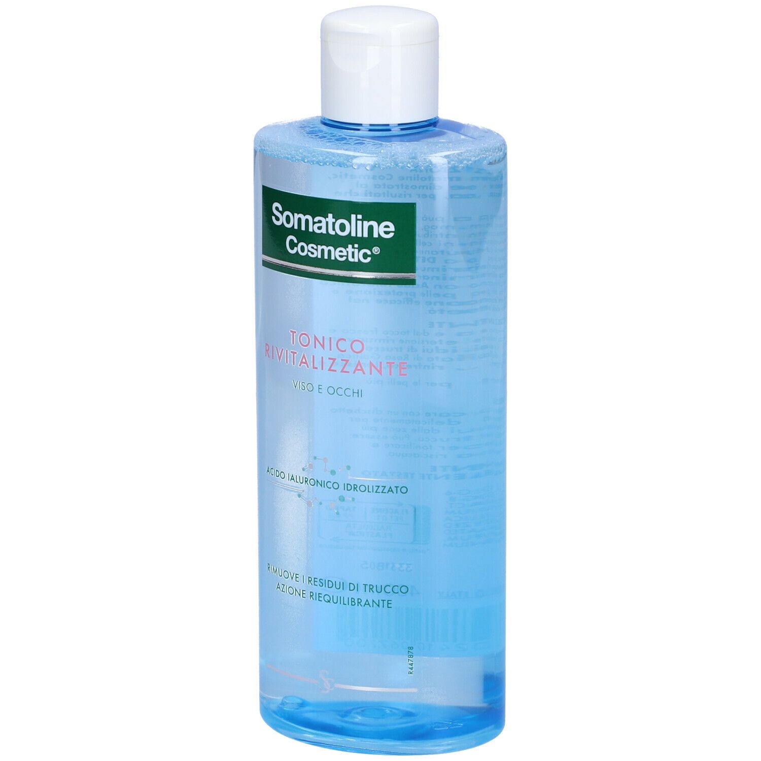 Flacone di tonico Somatoline Cosmetic. Liquido blu, tappo bianco. Etichetta con informazioni sul prodotto.