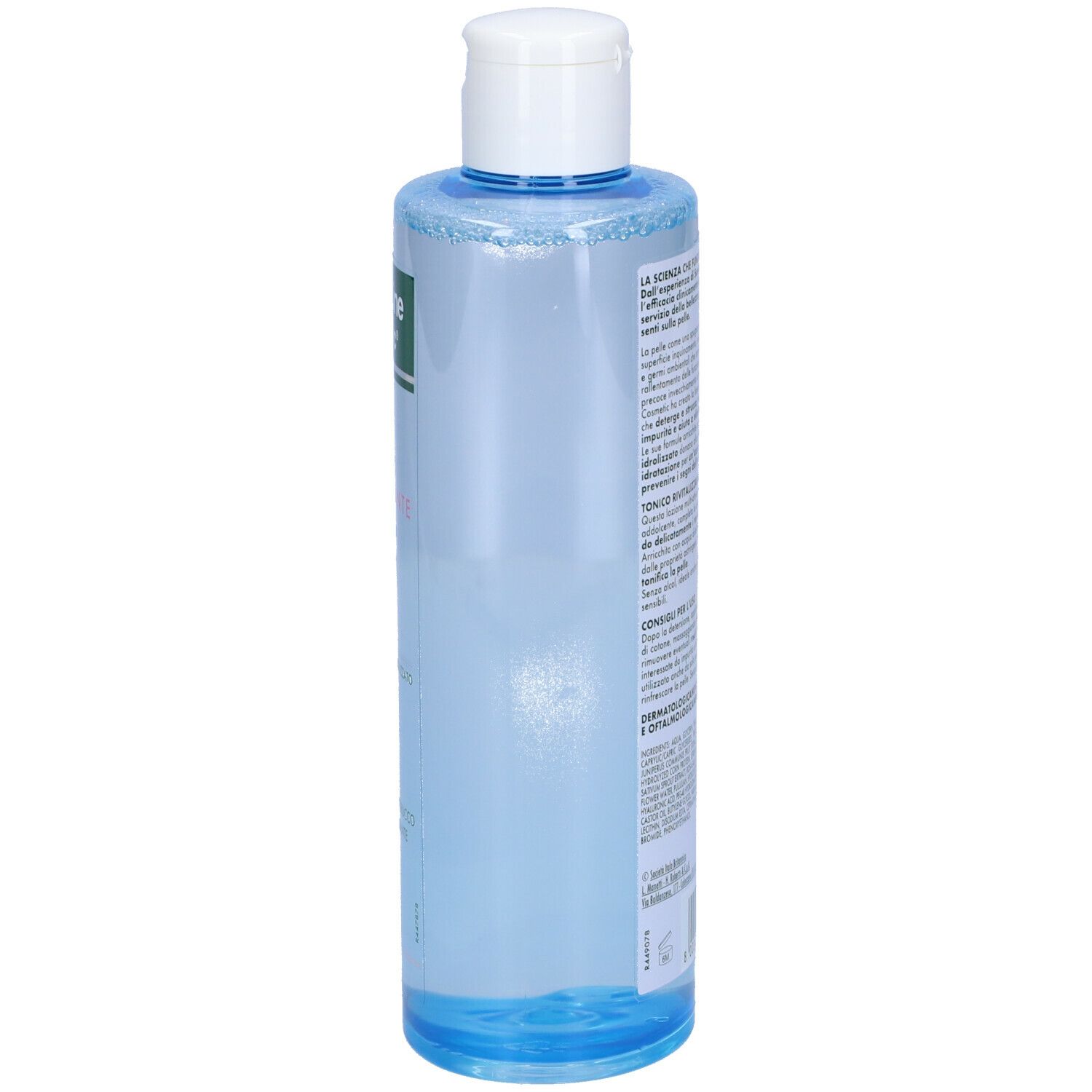 Lato del flacone di tonico Somatoline Cosmetic. Tappo bianco, liquido blu. Testo sull'etichetta.