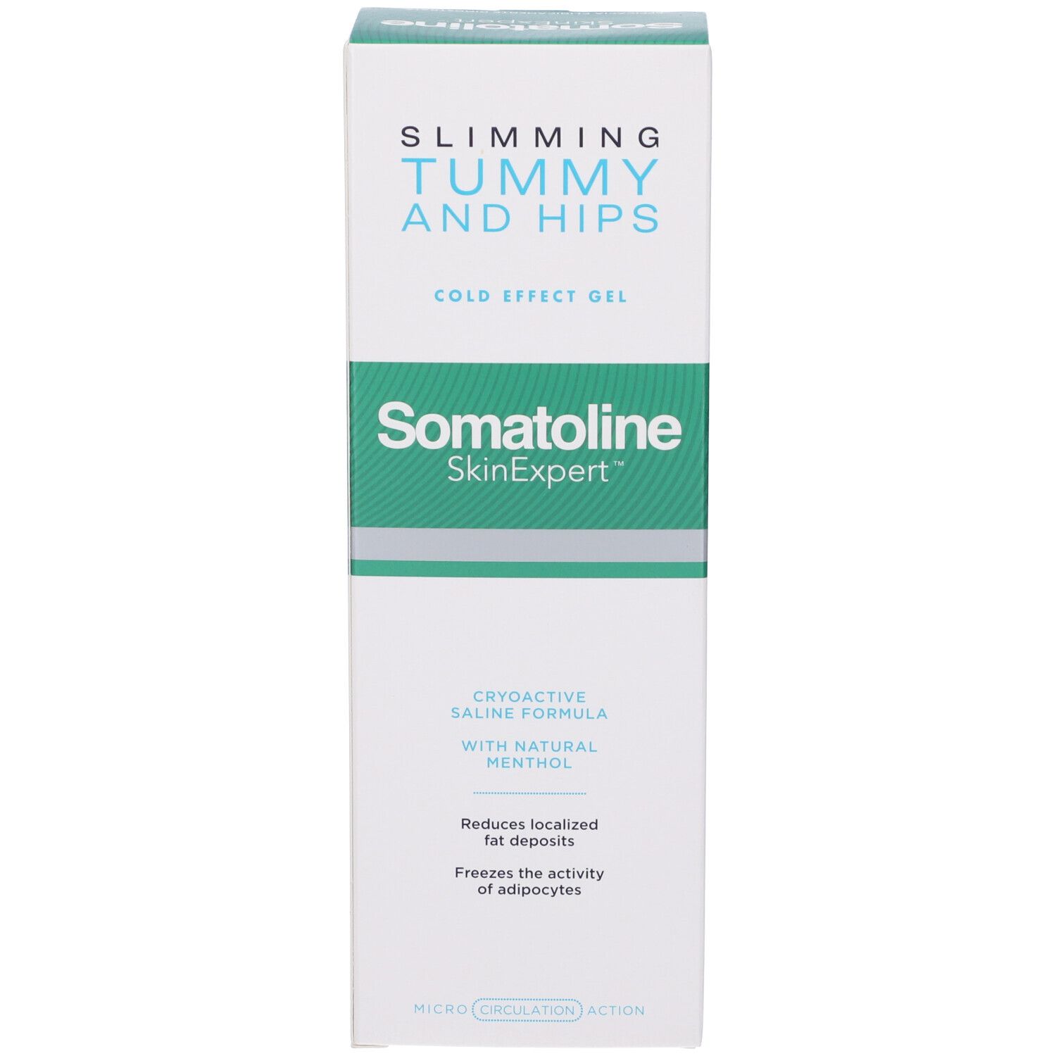 Seite der Verpackung des Somatoline Cosmetic® Cryogel Schlankheitsgels für Bauch und Hüften.