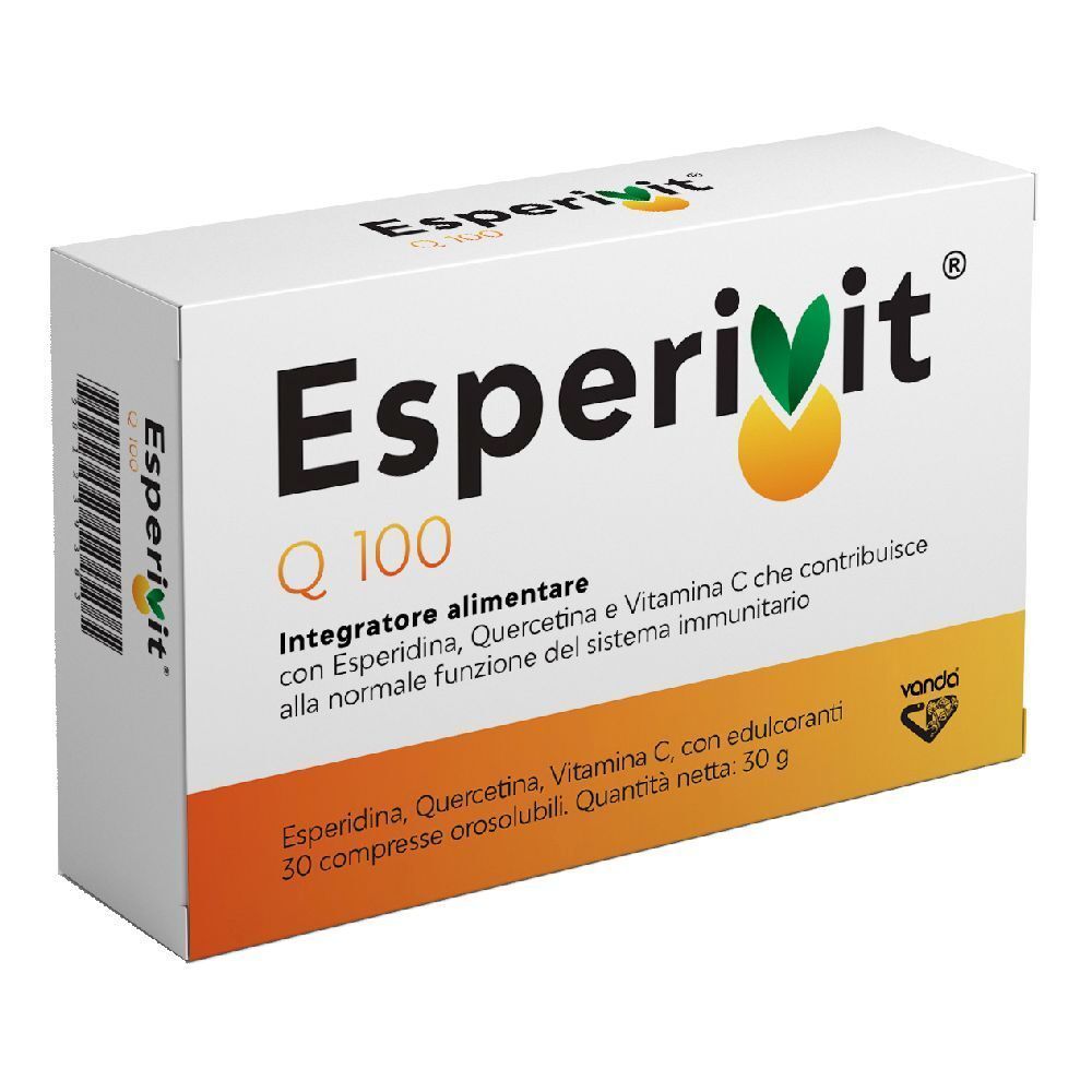 Weiße Schachtel mit EsperiVit Q 100-Logo. Text: Nahrungsergänzungsmittel mit Esperidin, Quercetin und Vitamin C. Vando-Logo.