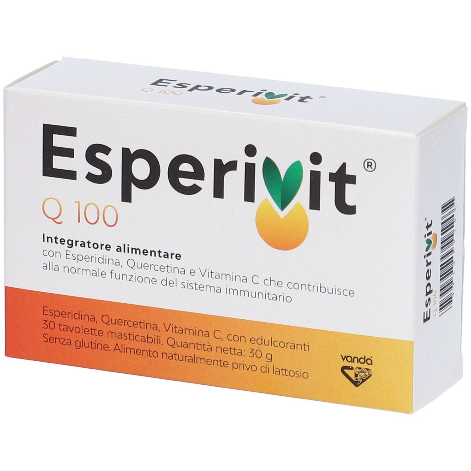 Weiße Schachtel EsperiVit Q 100. Text: Nahrungsergänzungsmittel mit Esperidin, Quercetin und Vitamin C. 30 Tabletten.