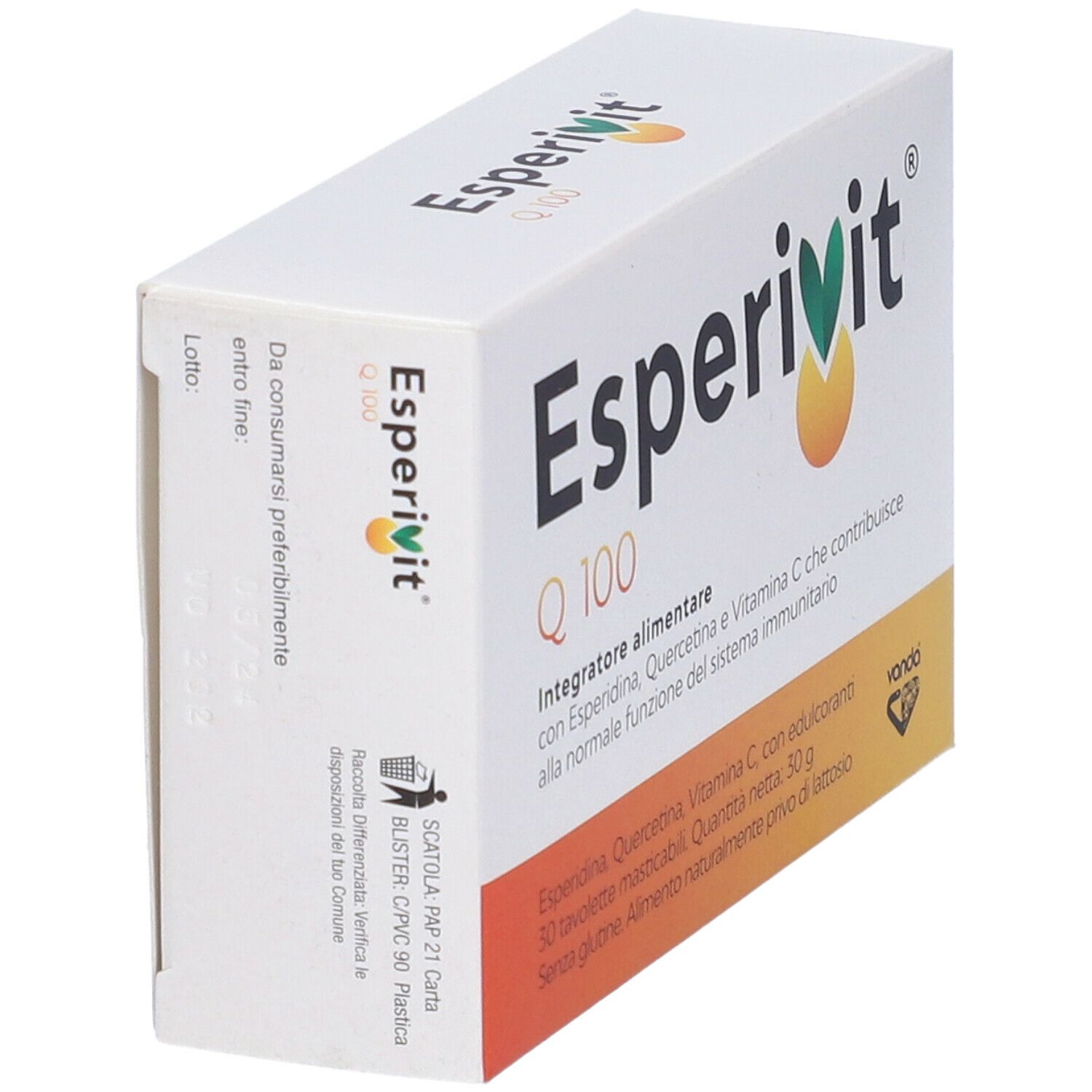 Schachtel EsperiVit Q 100. Text: Nahrungsergänzungsmittel mit Esperidin, Quercetin und Vitamin C. Rückseite mit Inhaltsstoffen.