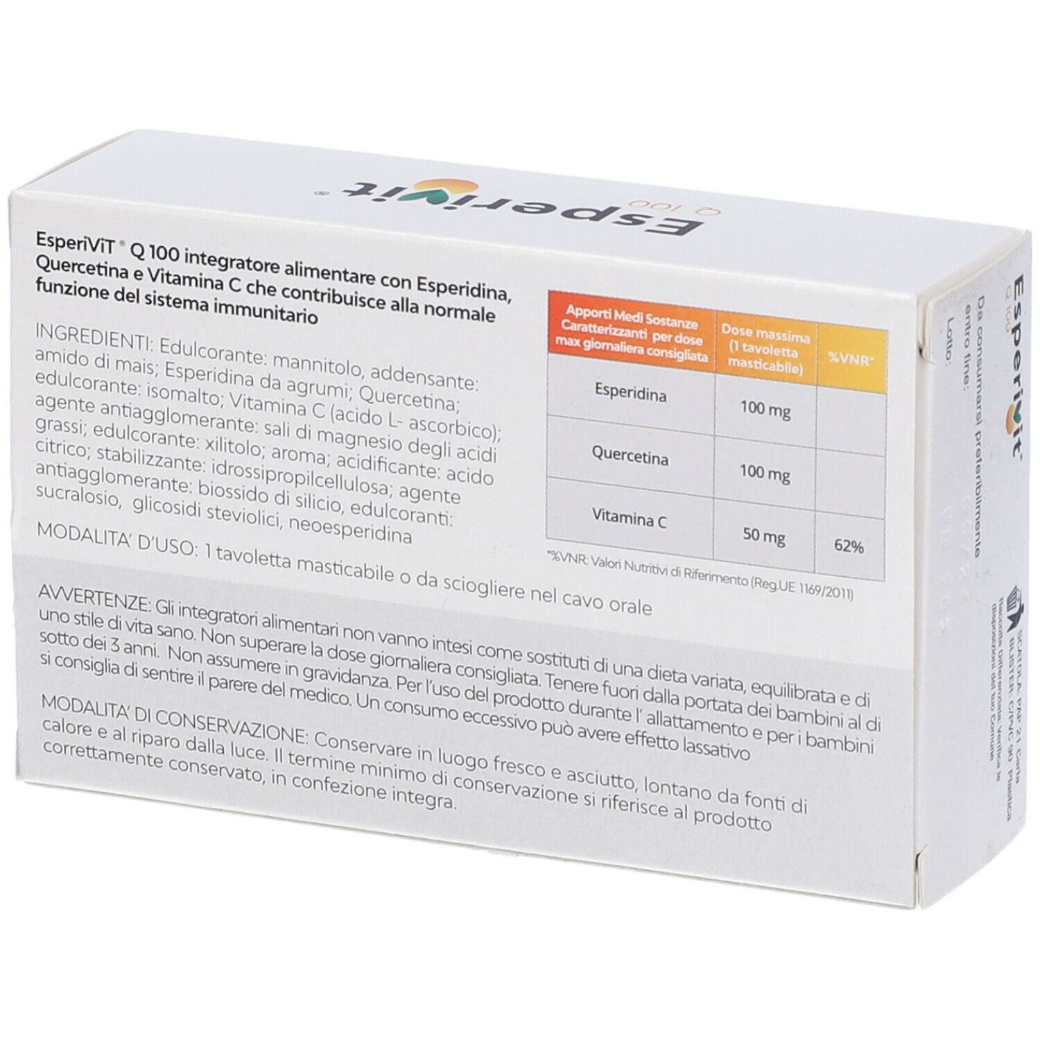 Rückseite der EsperiVit Q 100-Schachtel. Text: Inhaltsstoffe, Nährwertangaben, Anwendungshinweise und Warnhinweise.