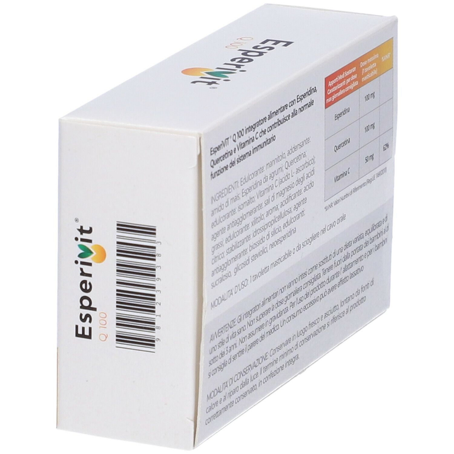 Eckansicht der EsperiVit Q 100-Schachtel. Text: Nahrungsergänzungsmittel mit Esperidin, Quercetin und Vitamin C. Barcode.