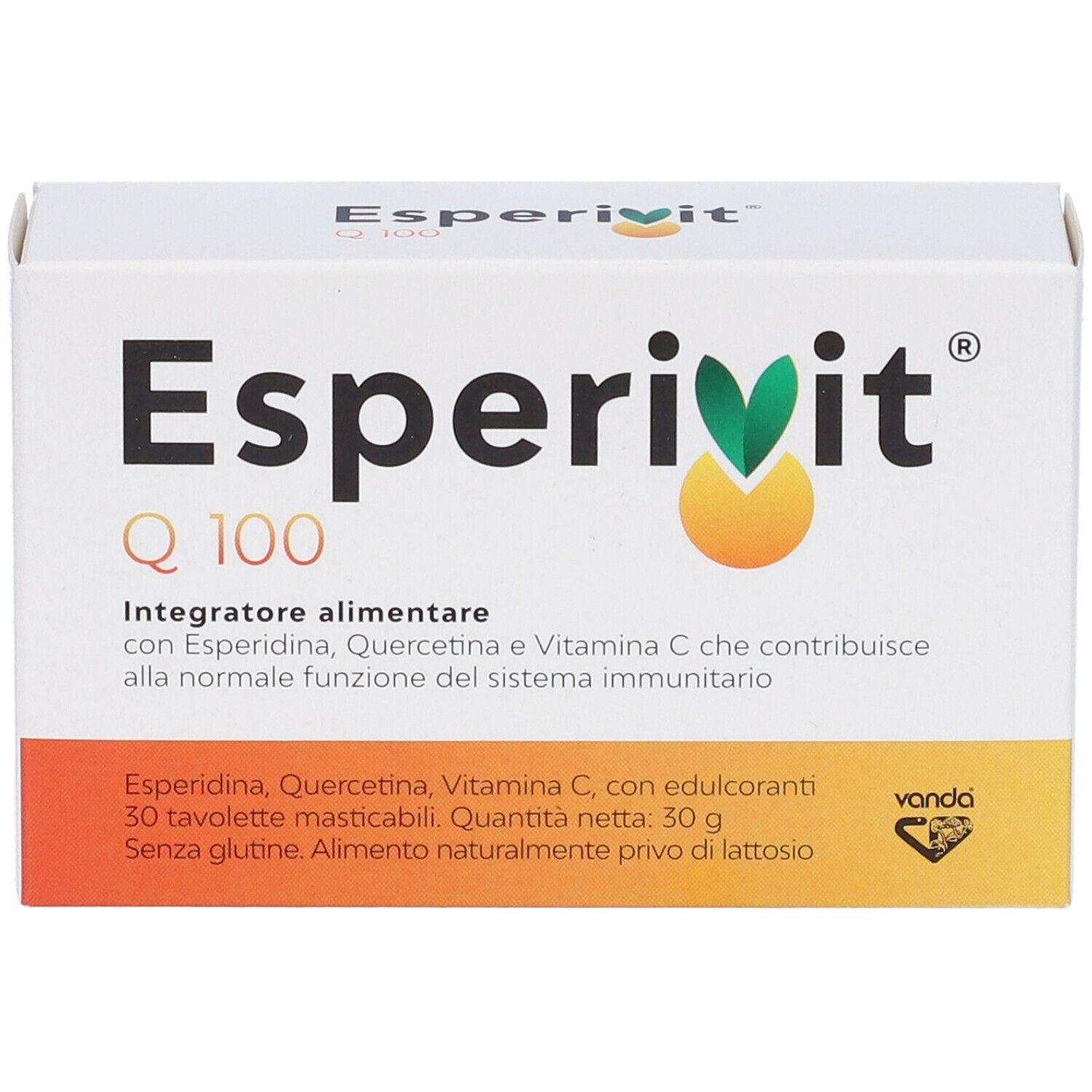 Weiße Schachtel EsperiVit Q 100. Text: Nahrungsergänzungsmittel mit Esperidin, Quercetin und Vitamin C. 30 Tabletten.