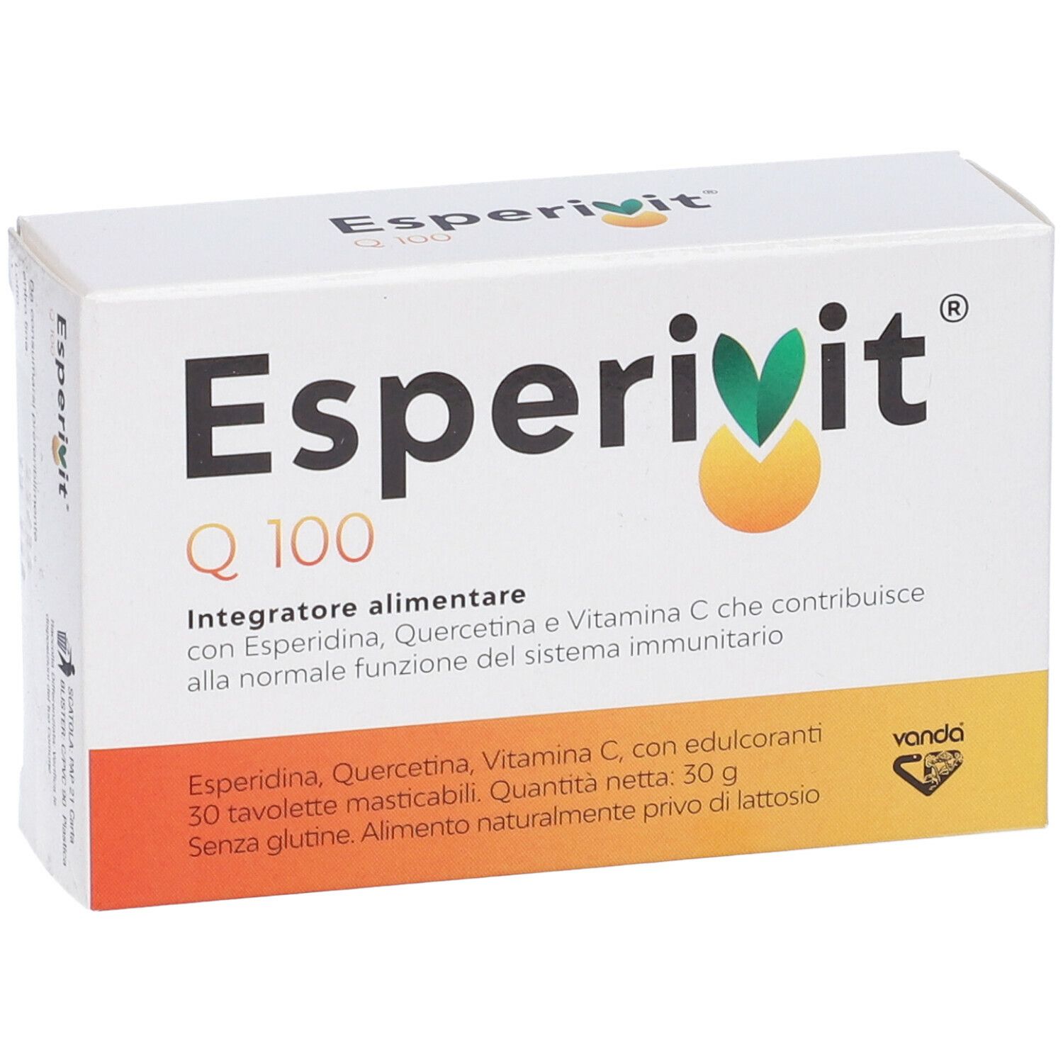 Weiße Schachtel EsperiVit Q 100. Text: Nahrungsergänzungsmittel mit Esperidin, Quercetin und Vitamin C. Vando-Logo.